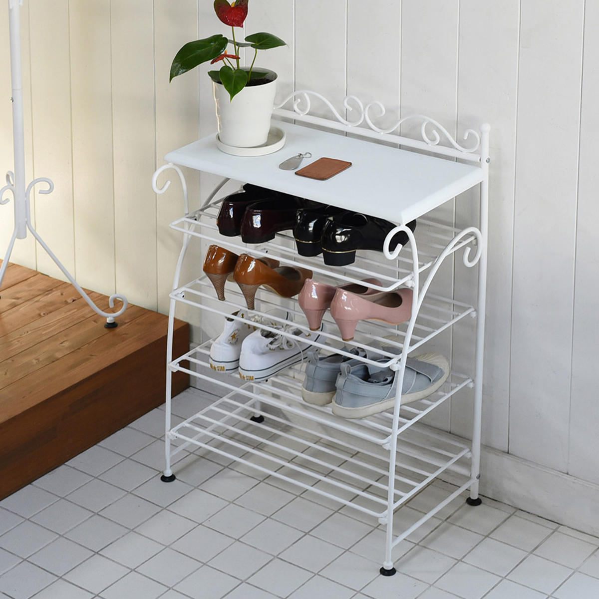 ロートアイアンシューズラック ホワイト [4012] シューズラック 幅61.5cm 4段 ロートアイアン 姫系 （ 靴箱 洋風 靴