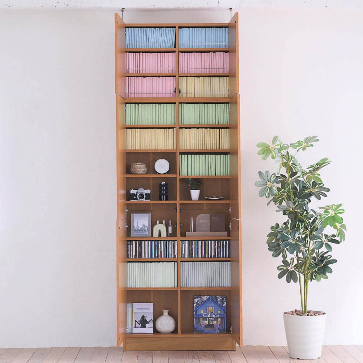 本棚 幅81cm 上置きセット 1cmピッチ ブックシェルフ スリム 薄型 扉付