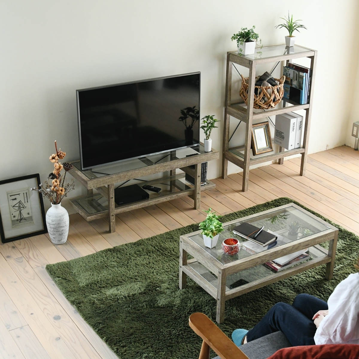 テレビ台 幅100cm ローボード ガラス天板 ヴィンテージ調 古木フレーム