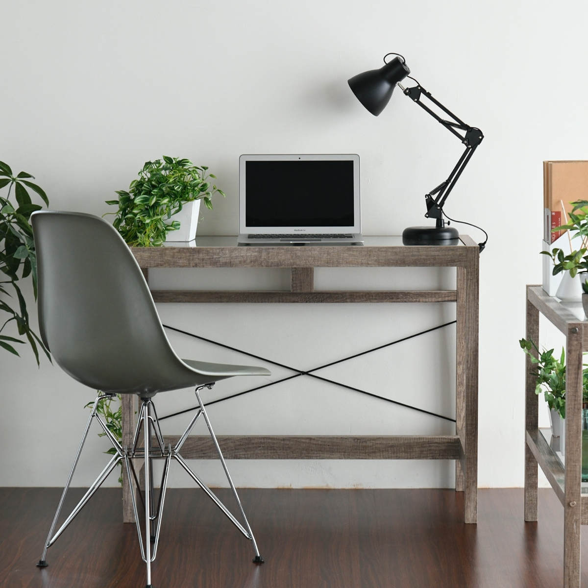 デスク 幅90.5cm ガラス天板 ヴィンテージ調 古木フレーム （ 机