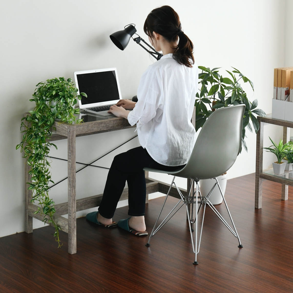 デスク 幅90.5cm ガラス天板 ヴィンテージ調 古木フレーム （ 机