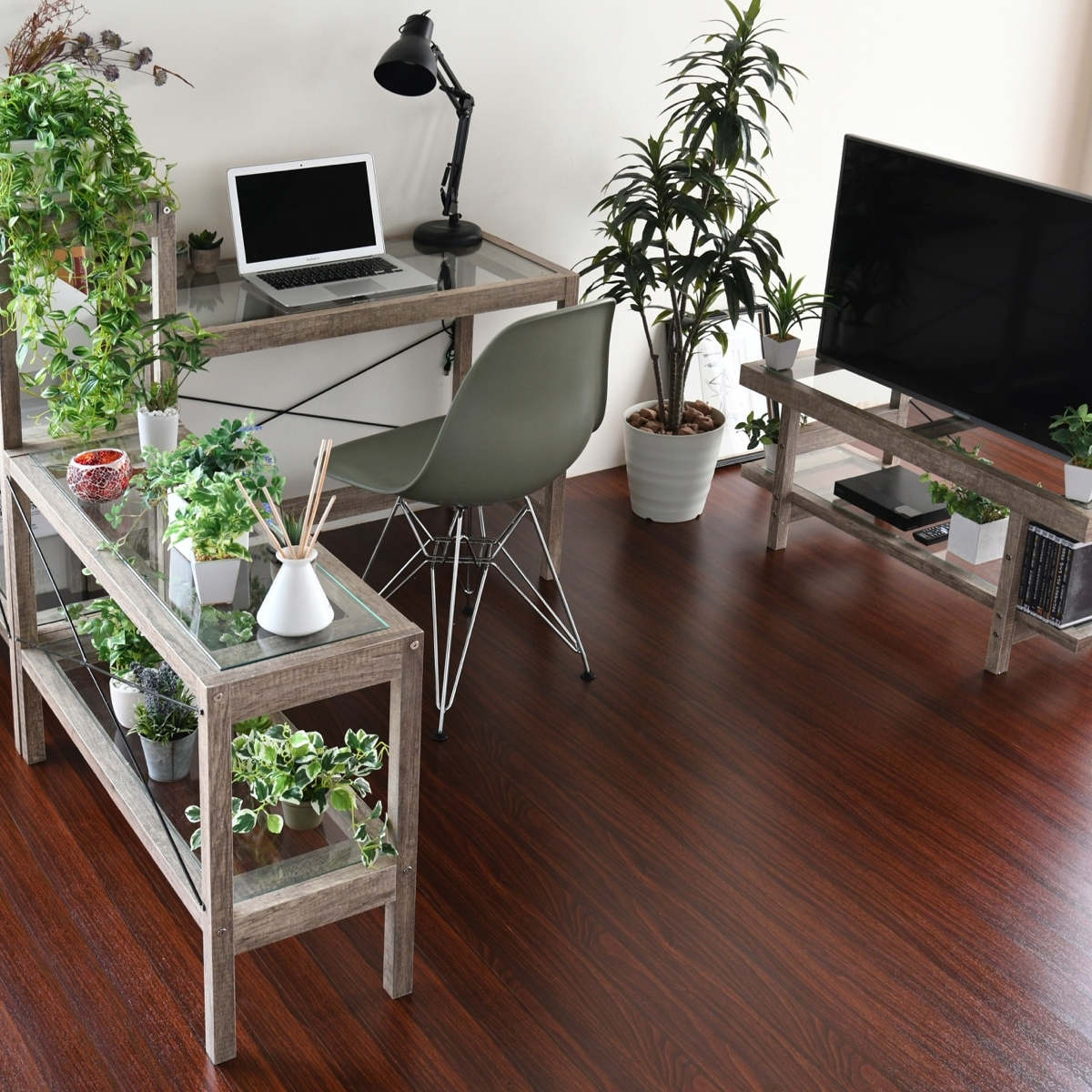 デスク 幅90.5cm ガラス天板 ヴィンテージ調 古木フレーム （ 机
