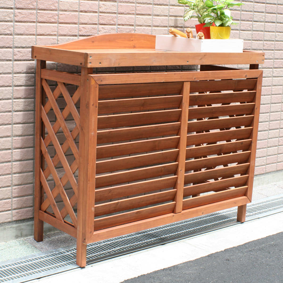 室外機カバー 逆ルーバー エアコンカバー 杉材 幅93cm （ スタンダード