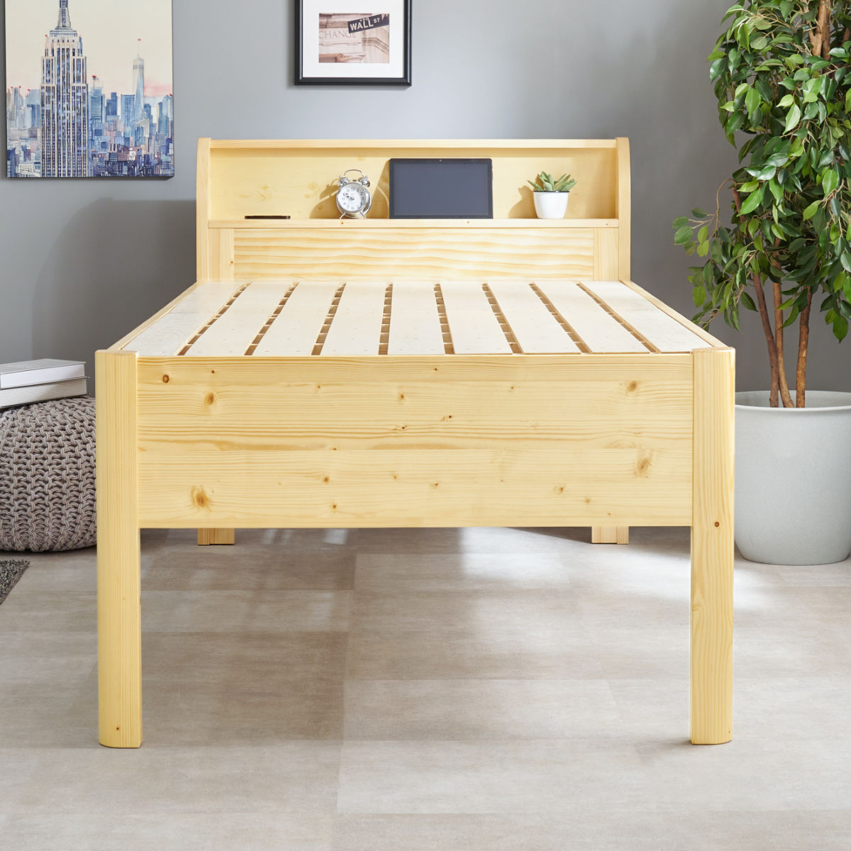 HAGiHARA（萩原） 3分組立ベッド シングル ハイタイプ 宮棚 2口