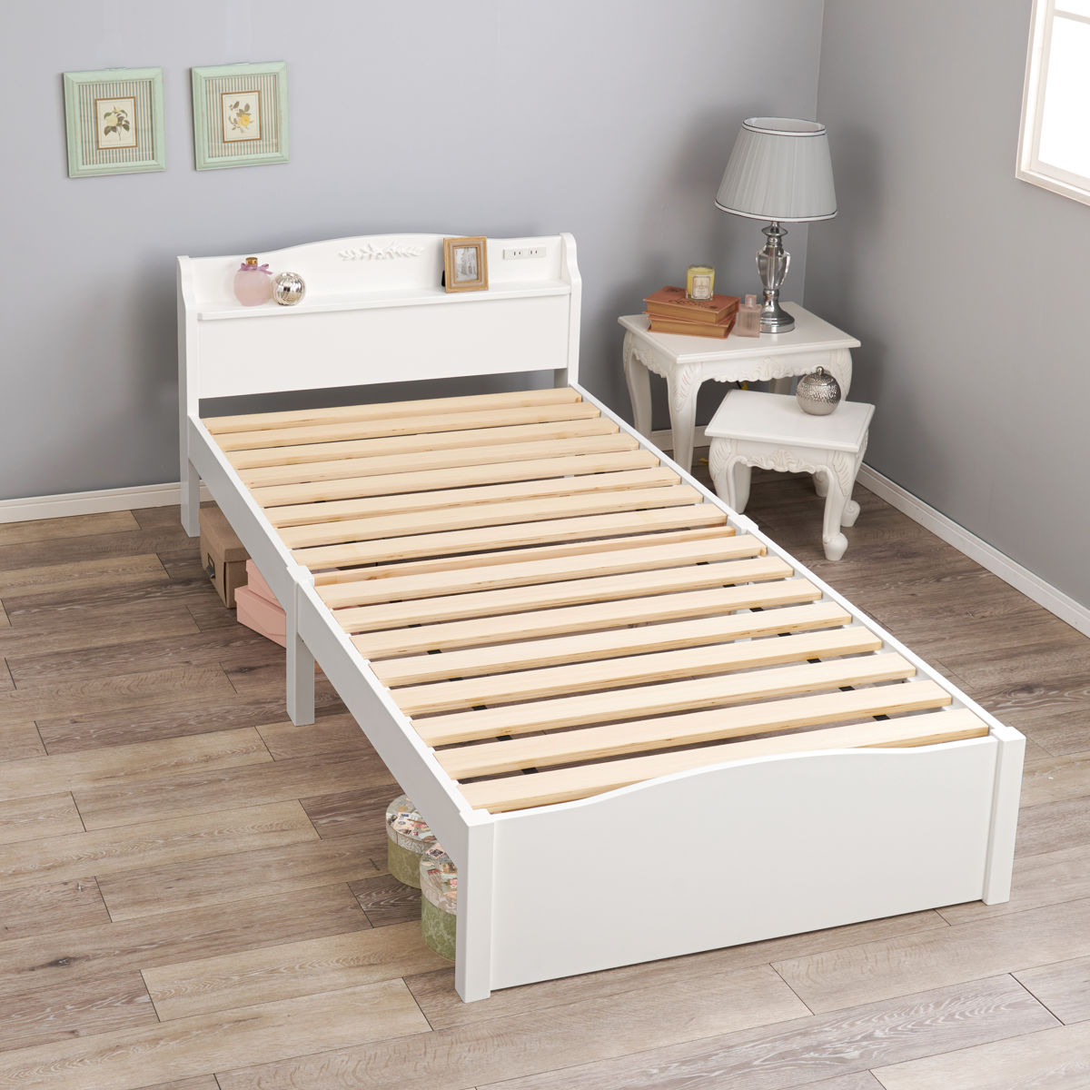 HAGiHARA（萩原） 姫系ベッド 3分組立 シングル 工具不要 宮棚 2口