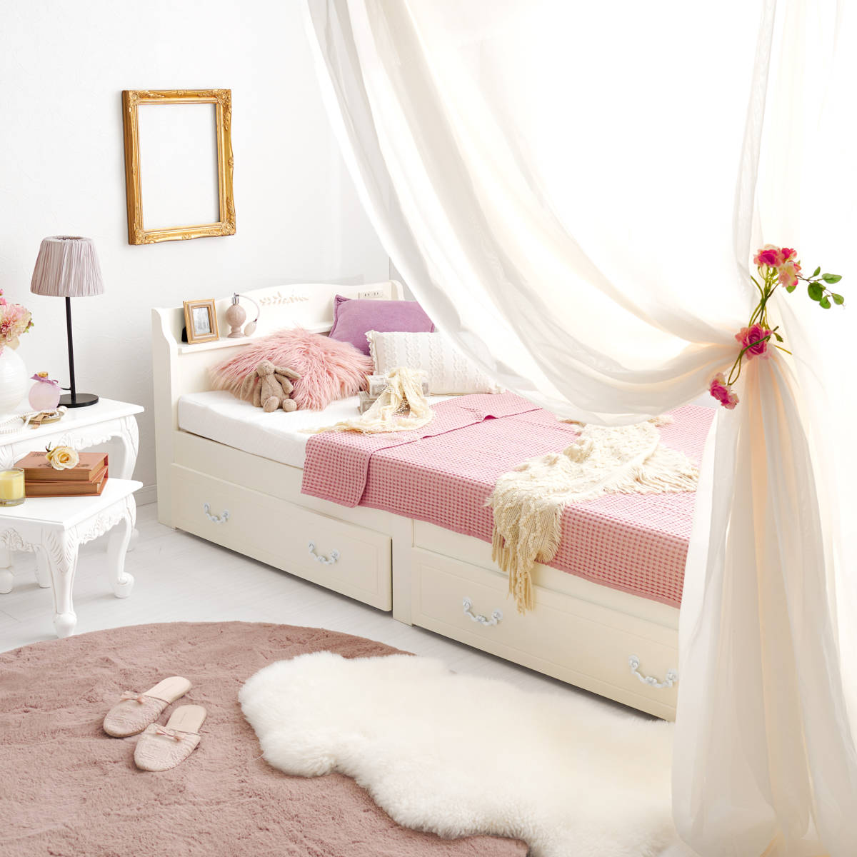 HAGiHARA（萩原） 姫系ベッド 引出し収納 3分組立 シングル 工具不要