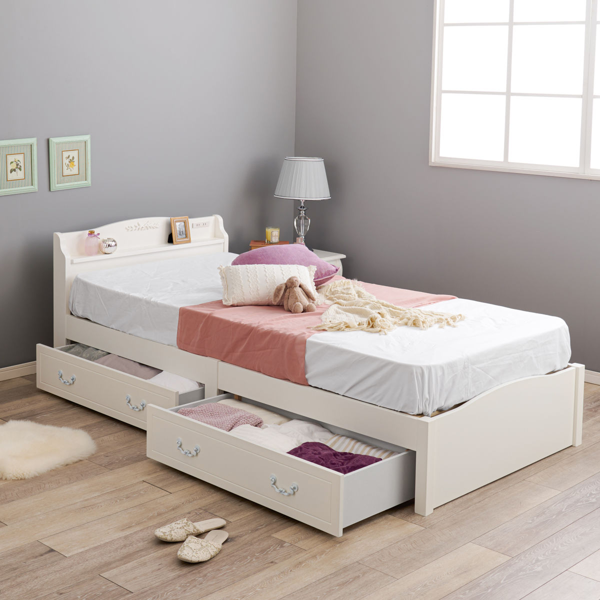 HAGiHARA（萩原） 姫系ベッド 引出し収納 3分組立 シングル 工具不要