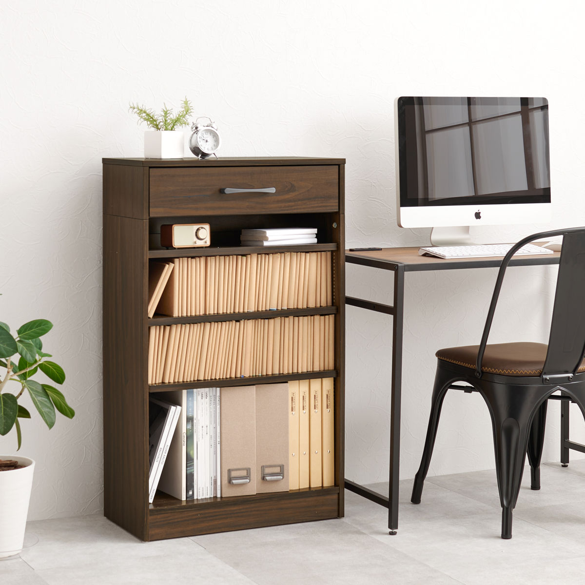 HAGiHARA（萩原） 1cmピッチ可動 本棚 幅60cm 可動棚3枚 引出し付