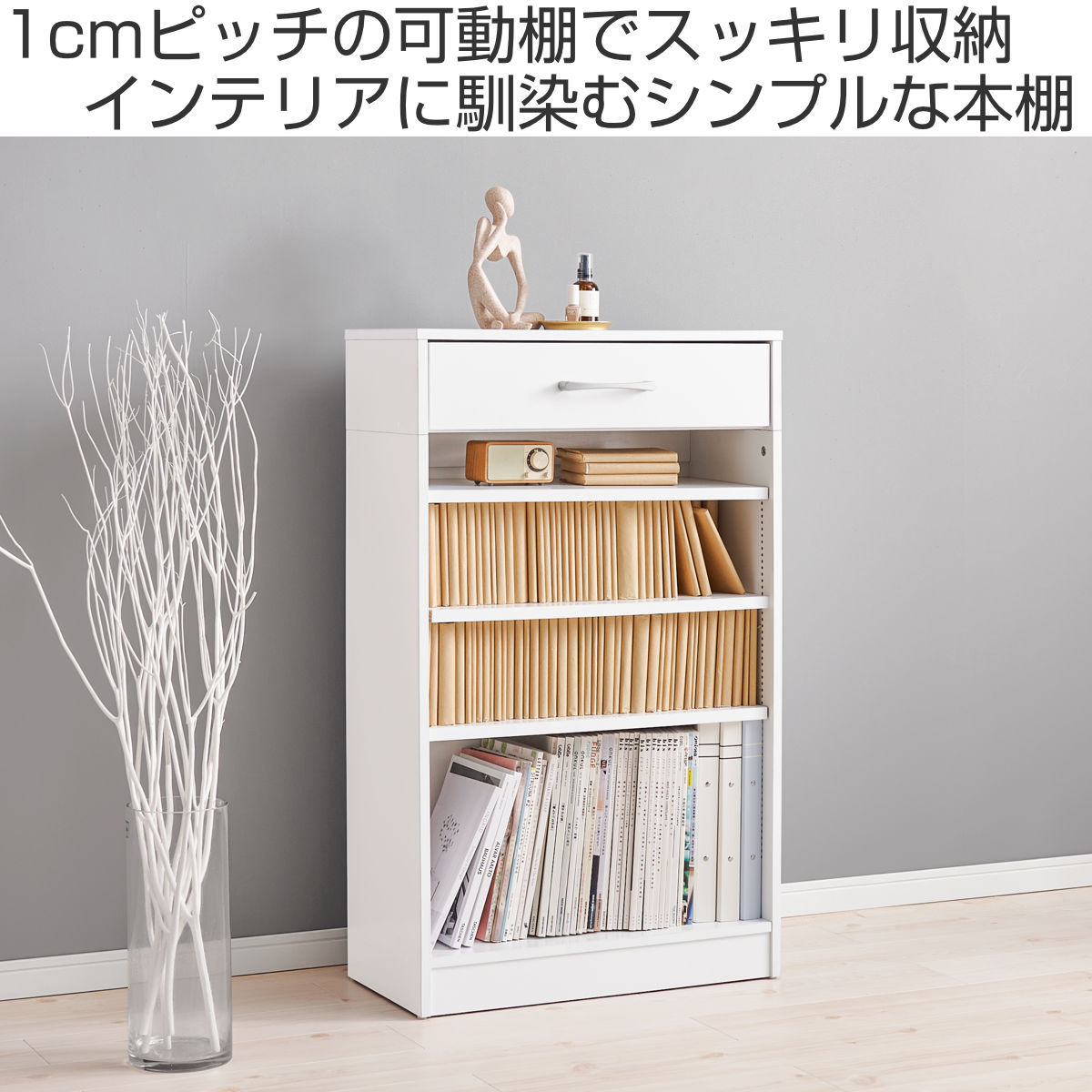 HAGiHARA（萩原） 1cmピッチ可動 本棚 幅60cm 可動棚3枚 引出し付