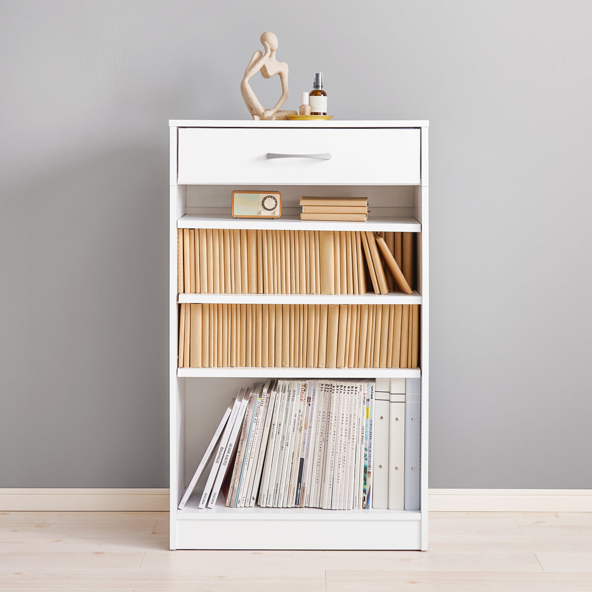 HAGiHARA（萩原） 1cmピッチ可動 本棚 幅60cm 可動棚3枚 引出し付