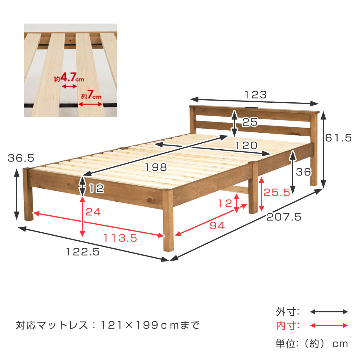 HAGiHARA（萩原） 3分組立ベッド セミダブル 宮棚 2口コンセント付