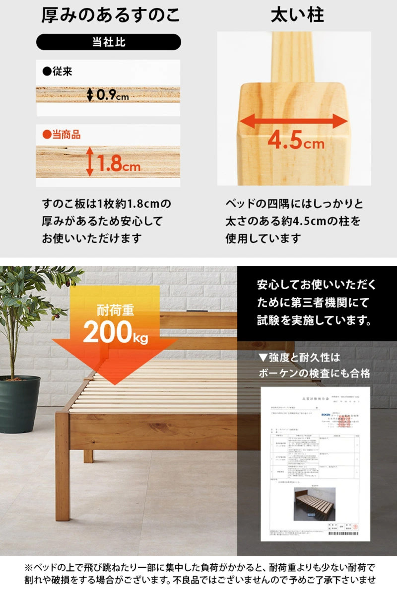 HAGiHARA（萩原） 3分組立ベッド セミダブル 宮棚 2口コンセント付