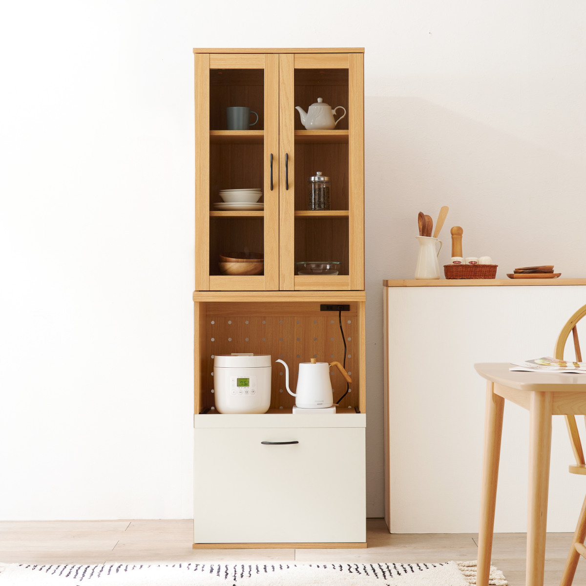 Aloha　食器棚 HAGiHARA（萩原） 並べて使える 食器棚 幅60cm 2口コンセント スライド