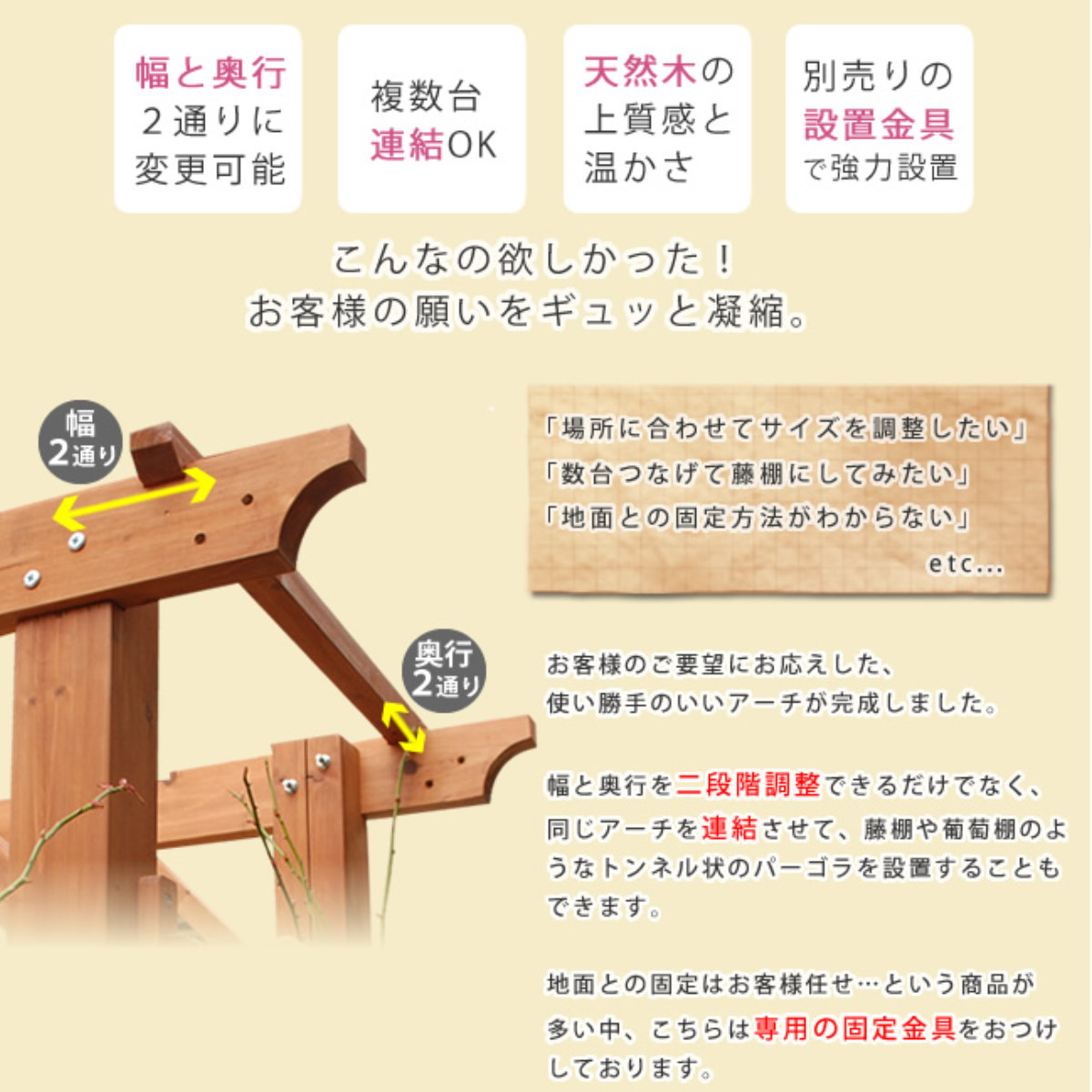 アーチ 天然木製フレックスパーゴラアーチ 幅190cm 平地金具セット