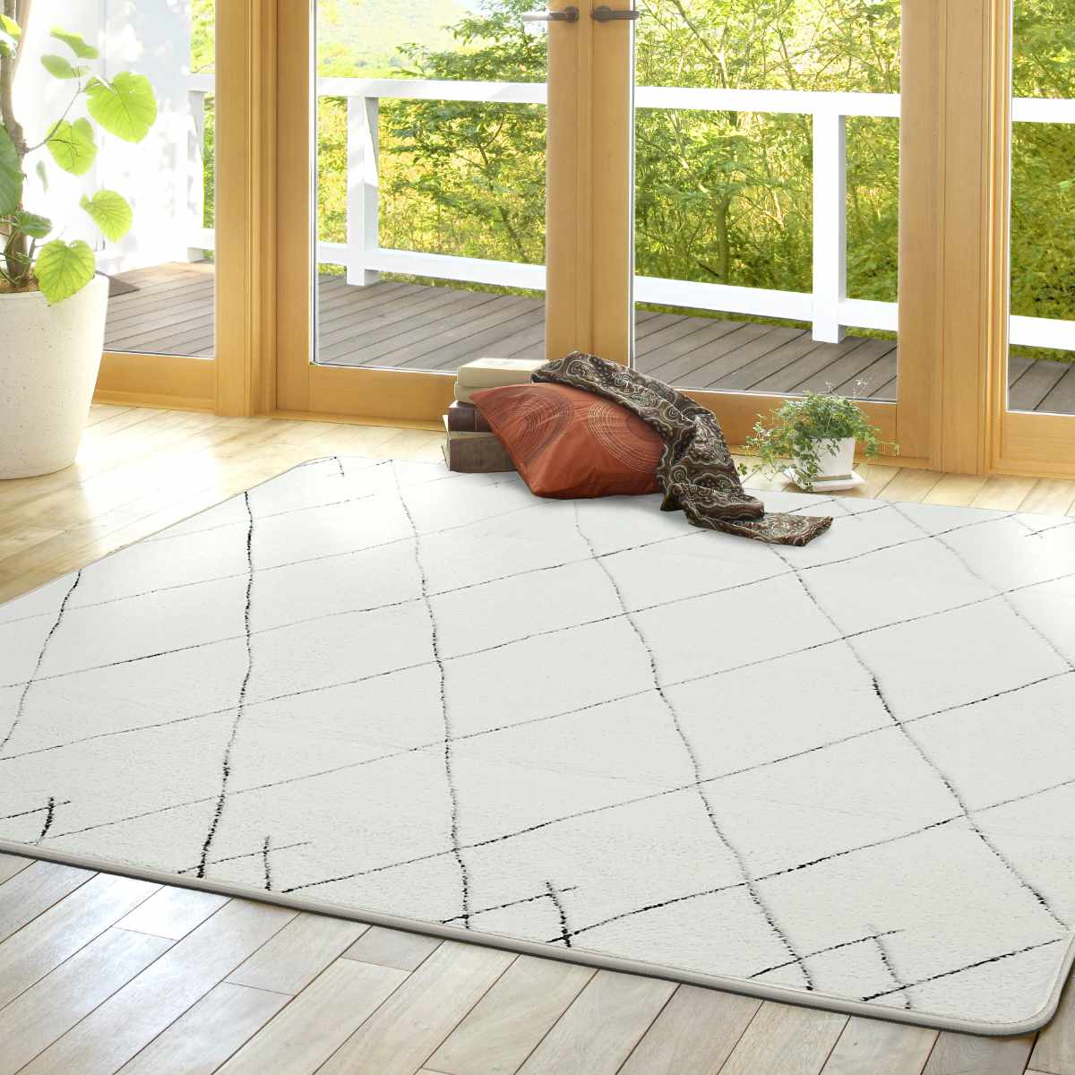 大島屋 ラグ 洗える シャギー調 200×250cm ベニワレン柄 ホット