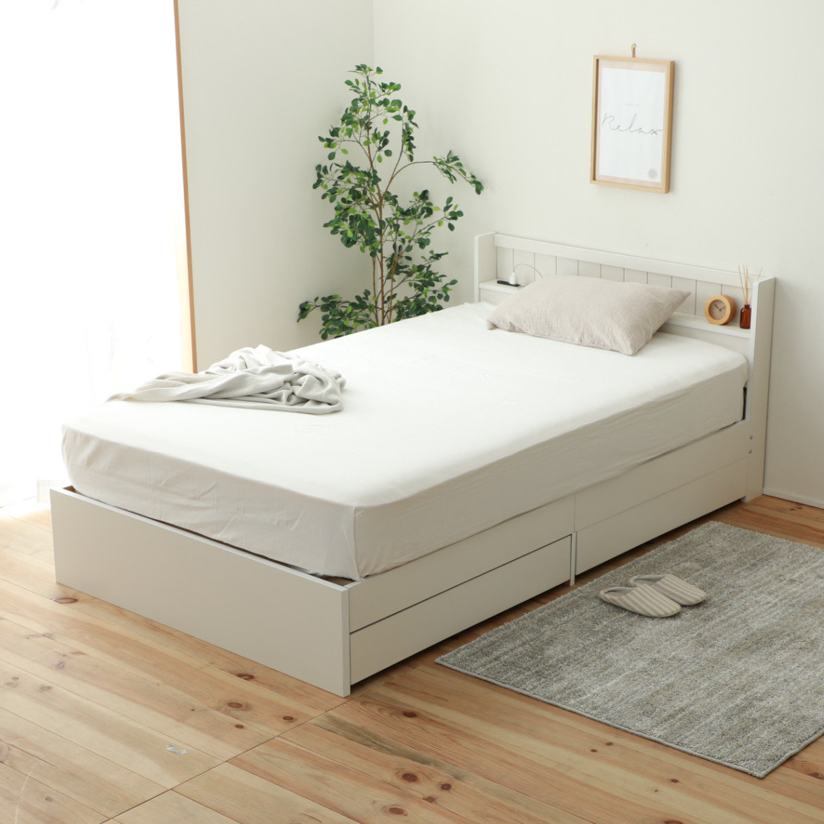 セミシングルベッド マットレス付き 幅85.5×奥行216×高さ69.5cm ホワイト 白 コンセント付き 寝具 家具 ベット 苫小牧西店 収納付きベッド セミシングル マットレス付 夜香ハイグレード 日本製