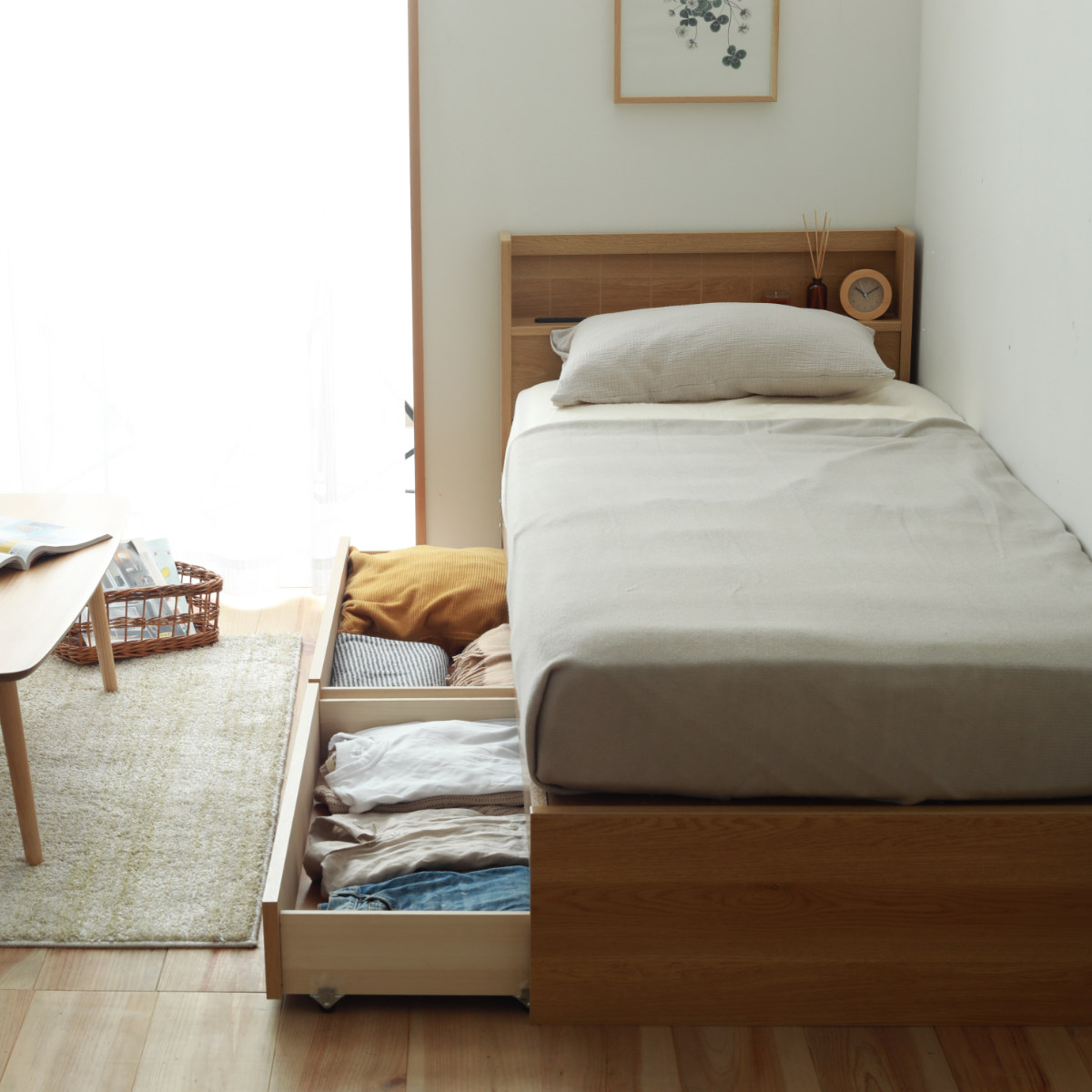 収納付きベッド シングル マットレス付 夜香ハイグレード 日本製