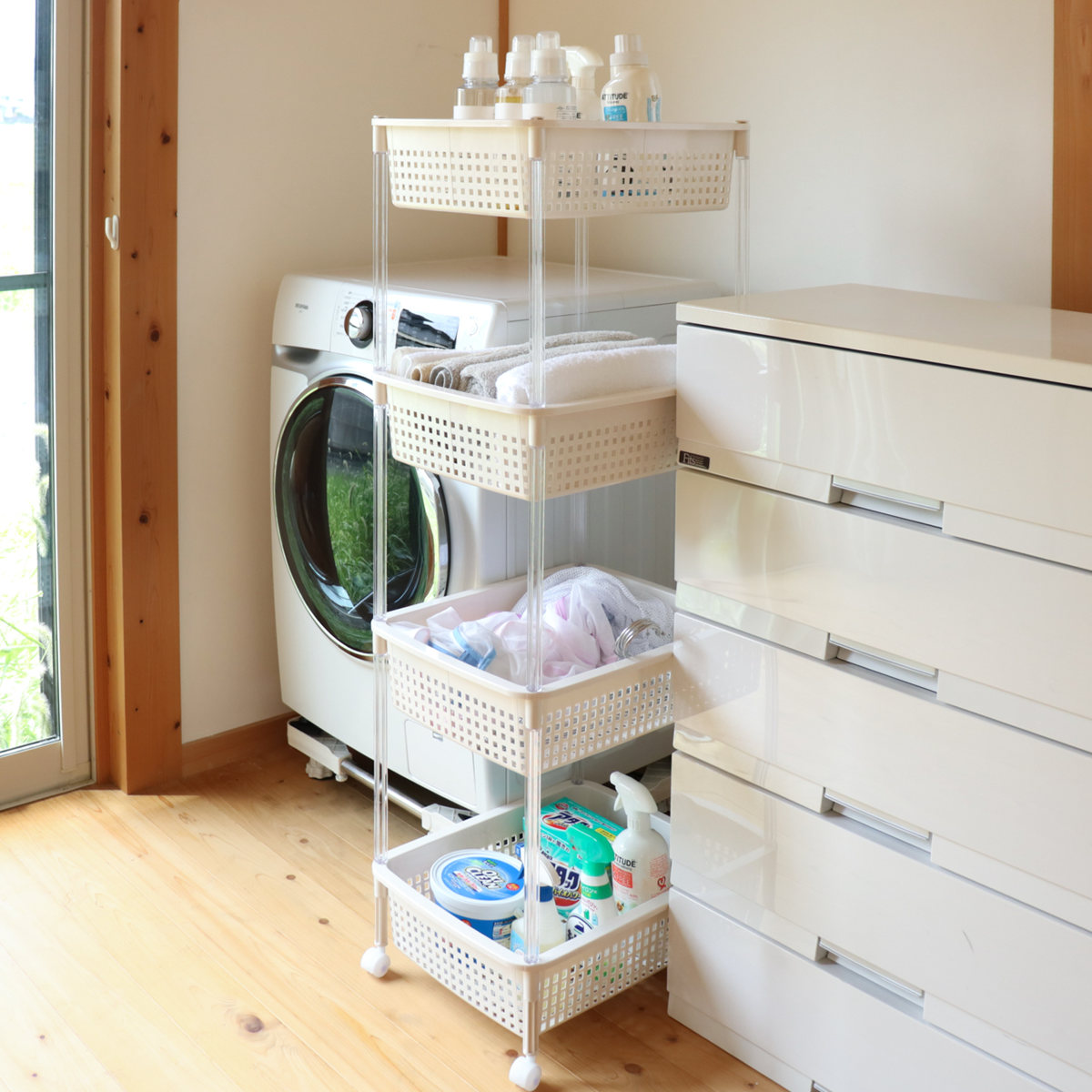 平和工業 ランドリーバスケット バスケットワゴン 4段 ワイドタイプ