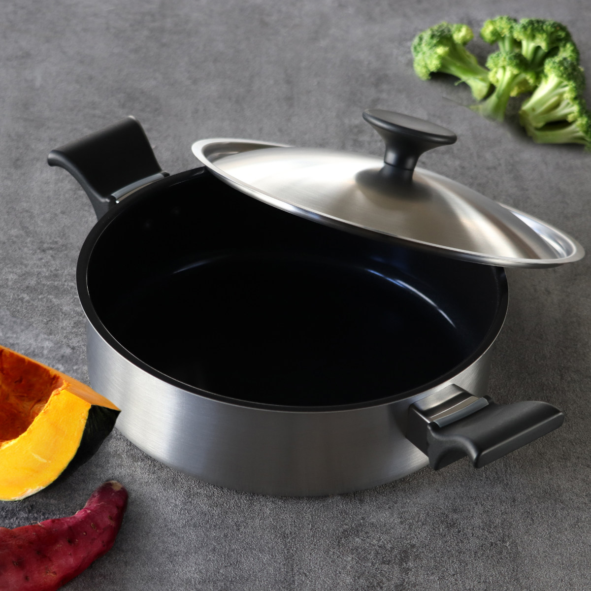 ウルシヤマ金属工業 両手鍋 24cm IH対応 ステンレス製 内面セラミック