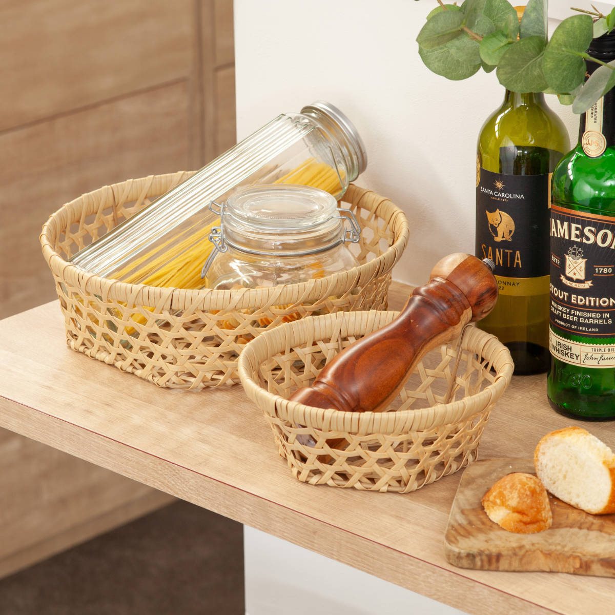 かご バンブス フェイク PE 竹 バスケット ラウンド 浅型 S 洗える