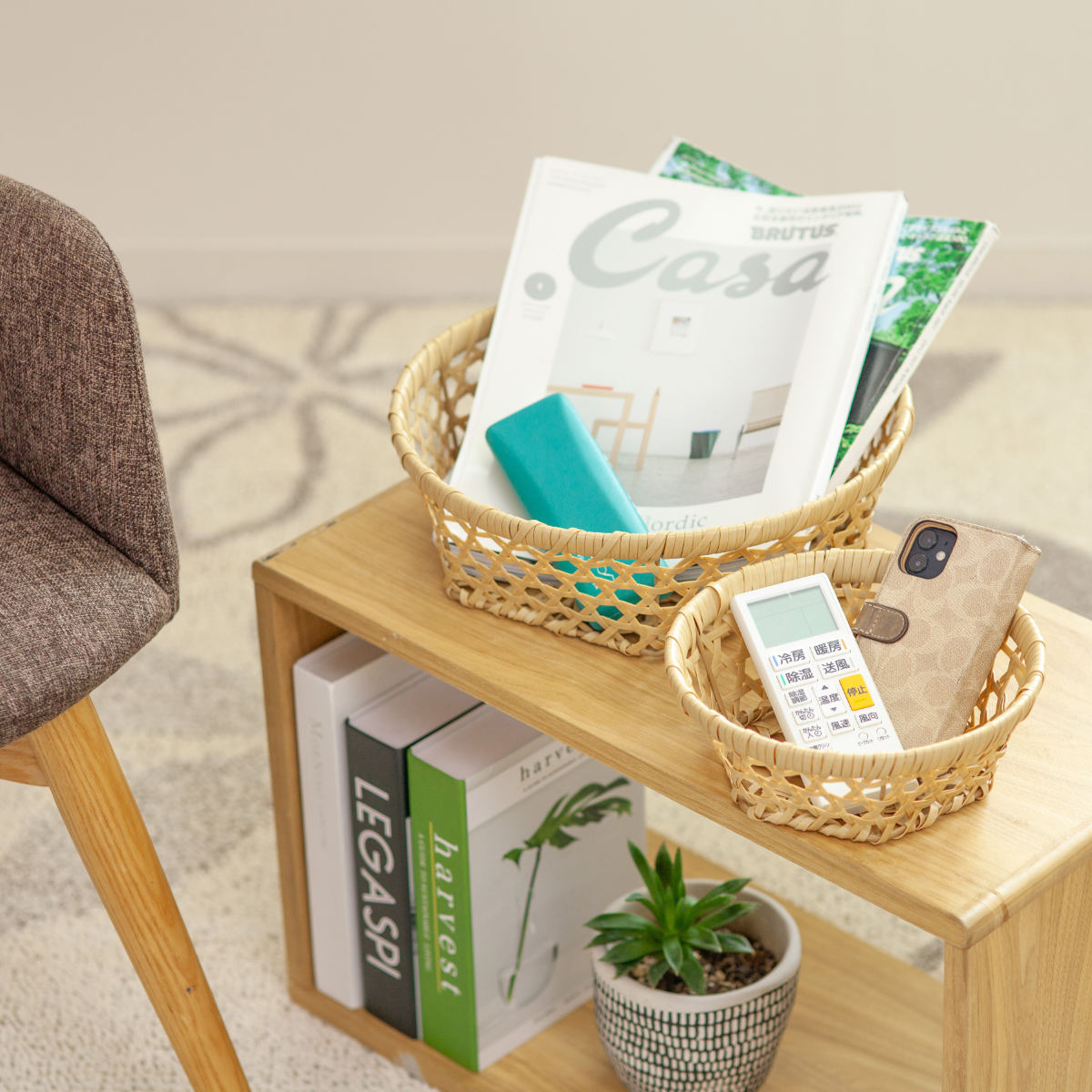 かご バンブス フェイク PE 竹 バスケット ラウンド 浅型 S 洗える