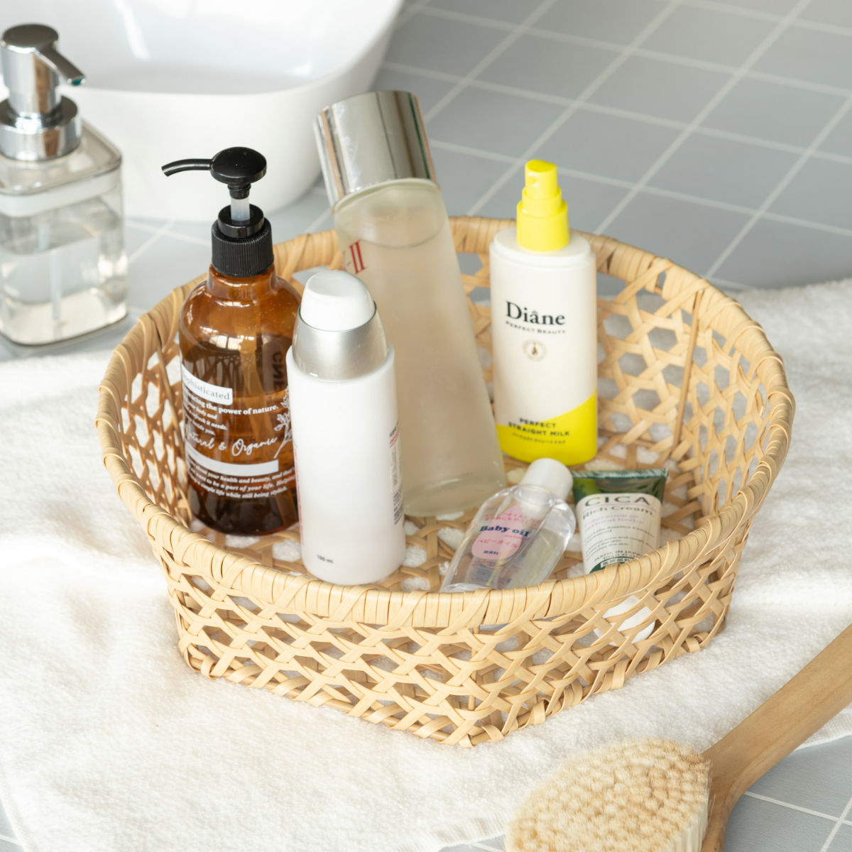 かご バンブス フェイク PE 竹 バスケット ラウンド 浅型 L 洗える