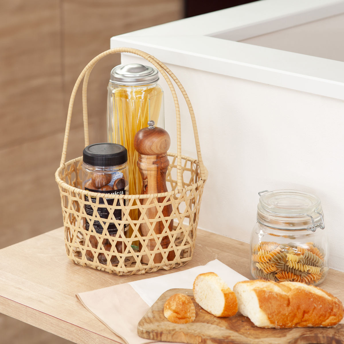 かご バンブス フェイク PE 竹 二本手 バスケット 洗える （ 直径23cm