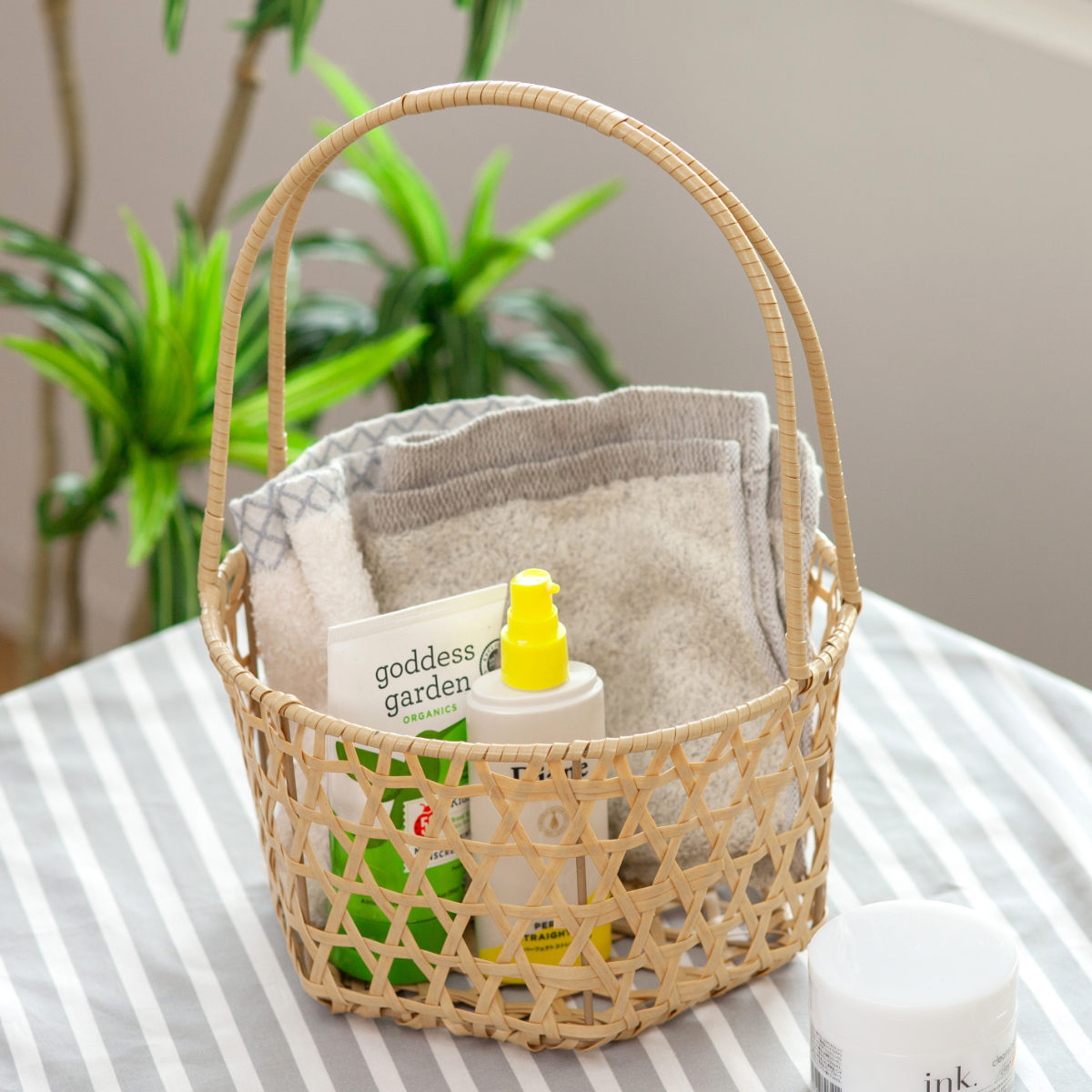 かご バンブス フェイク PE 竹 二本手 バスケット 洗える （ 直径23cm