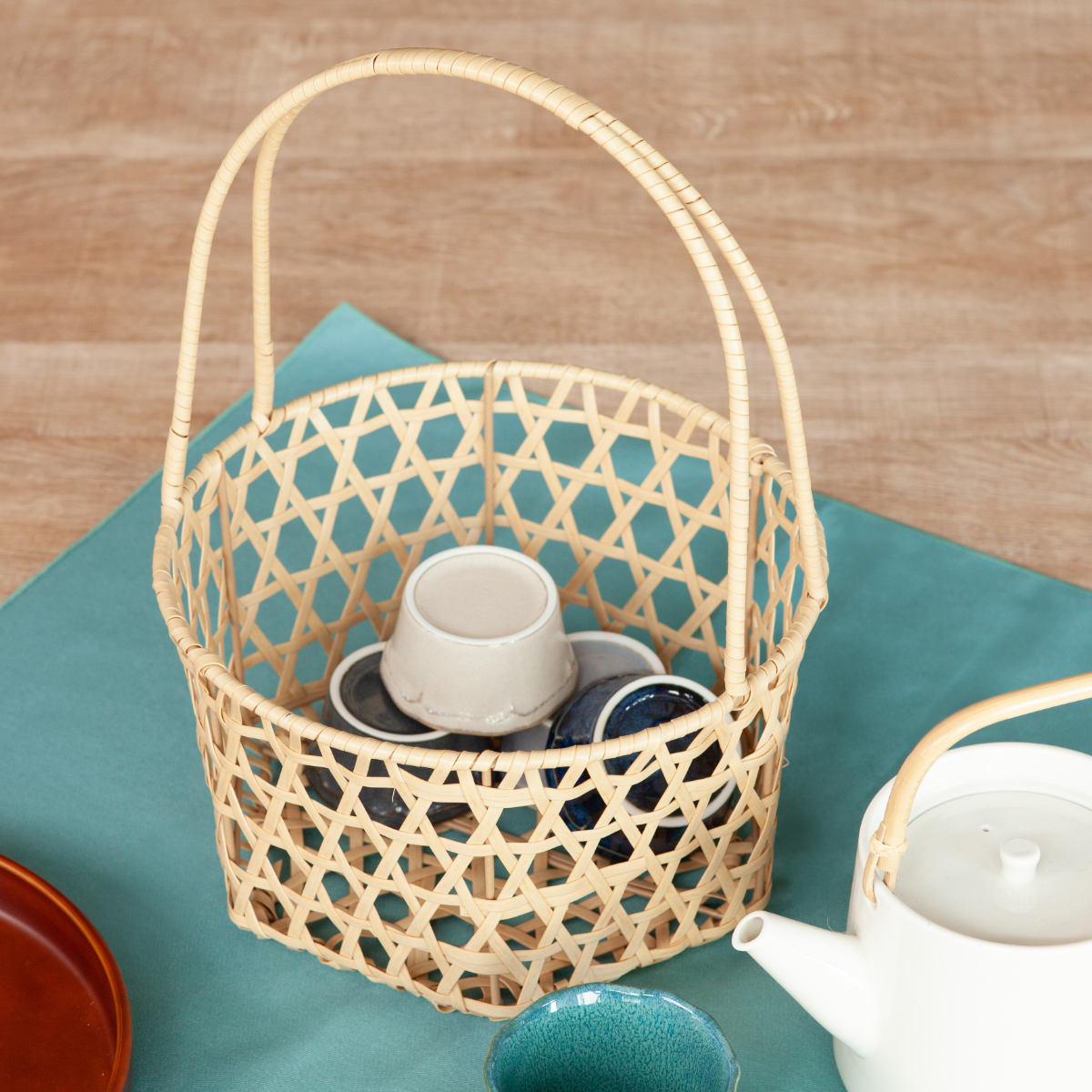 かご バンブス フェイク PE 竹 二本手 バスケット 洗える （ 直径23cm