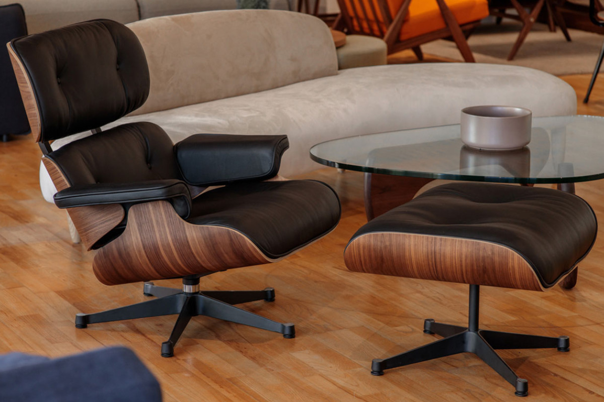 ②セット購入限定 イームズ 【オットマン】 ウォールナット ラウンジチェア 本革 イームズ】 ラウンジチェア＆オットマン ウォールナット[リプロダクト
