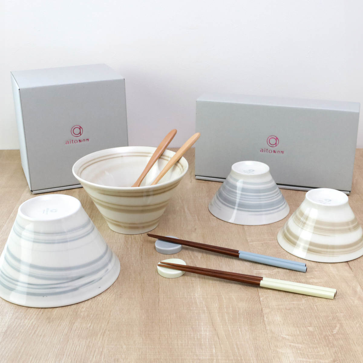 aito製作所 茶碗 箸 箸置き ペアセット スピラル 磁器 木製 （ 食洗機