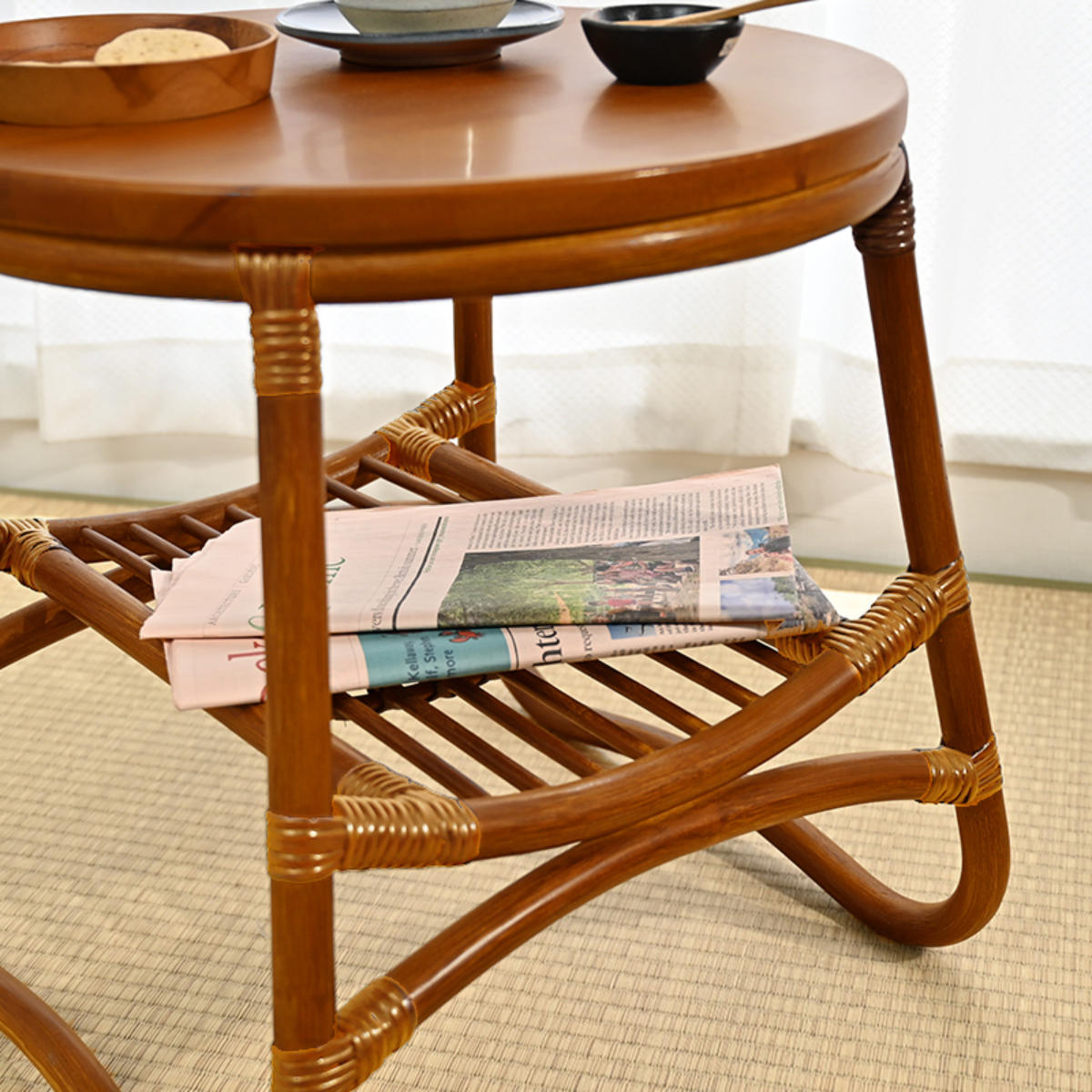 サイドテーブル ラタン 直径45cm ラウンド 天然木 WAHOO （ ラタン