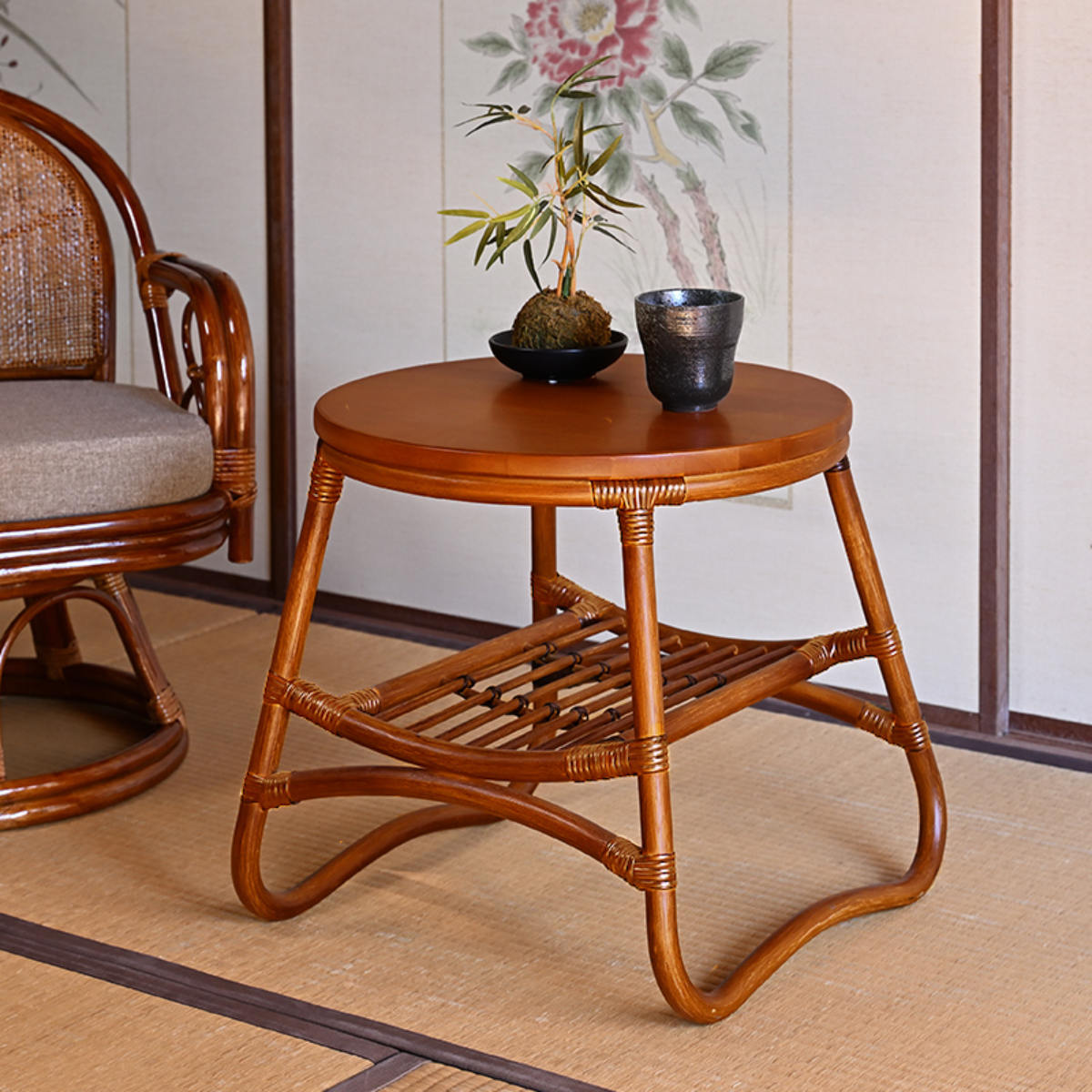 サイドテーブル ラタン 直径45cm ラウンド 天然木 WAHOO （ ラタン