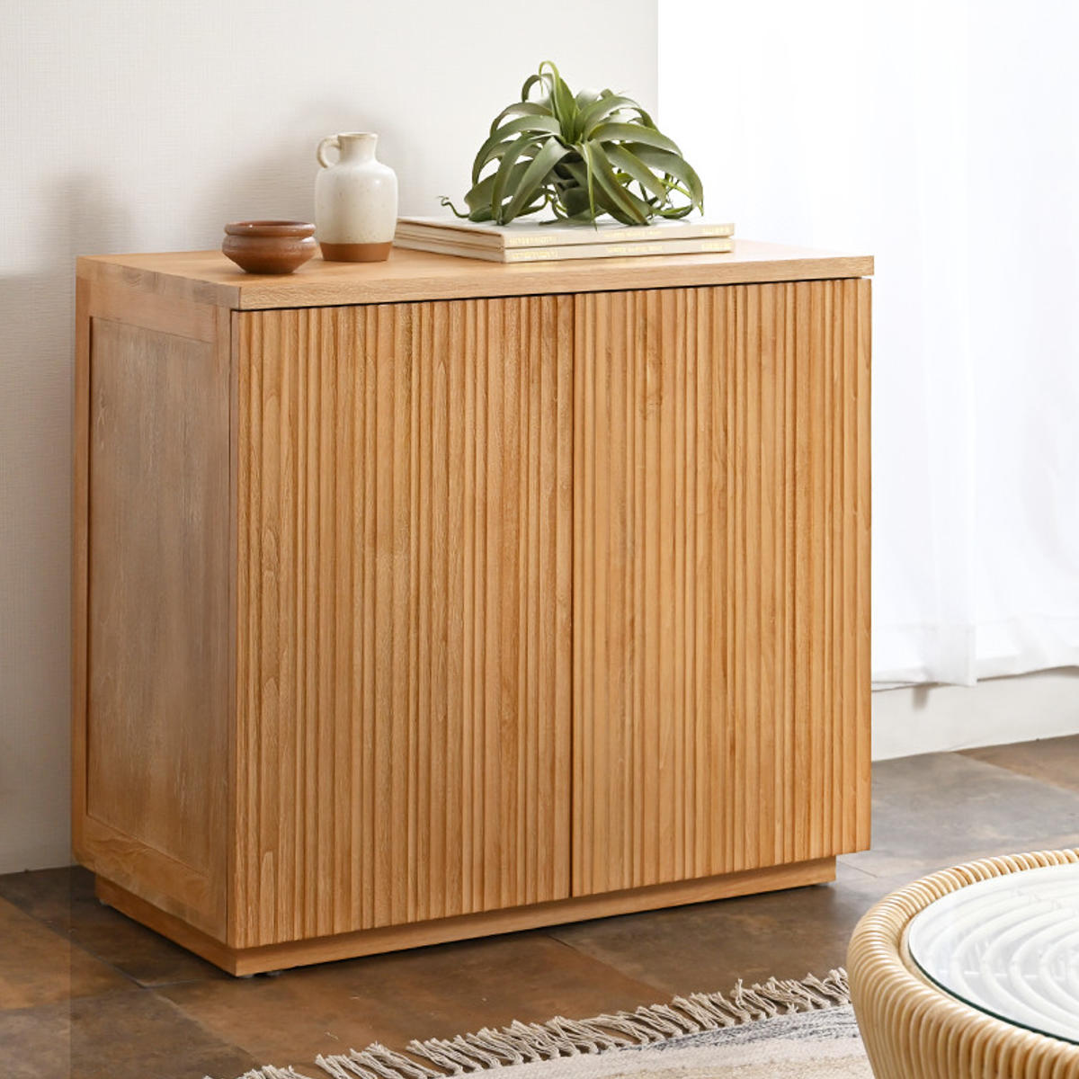 キャビネット 幅80cm リブ 可動棚 エイジング加工 （ リブキャビネット