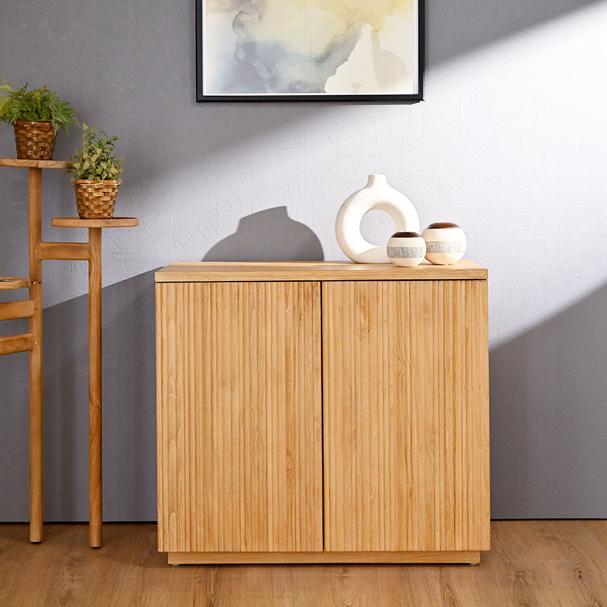 無垢材キャビネット シンプルデザイン キャビネット 幅80cm リブ 可動棚 エイジング加工 （ リブキャビネット