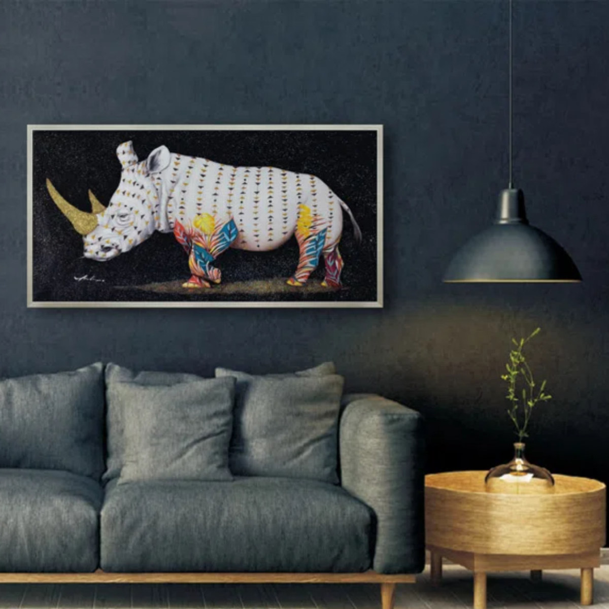アートパネル オイルペイントアート 『サイの王様』 103×53cm （ 絵画 