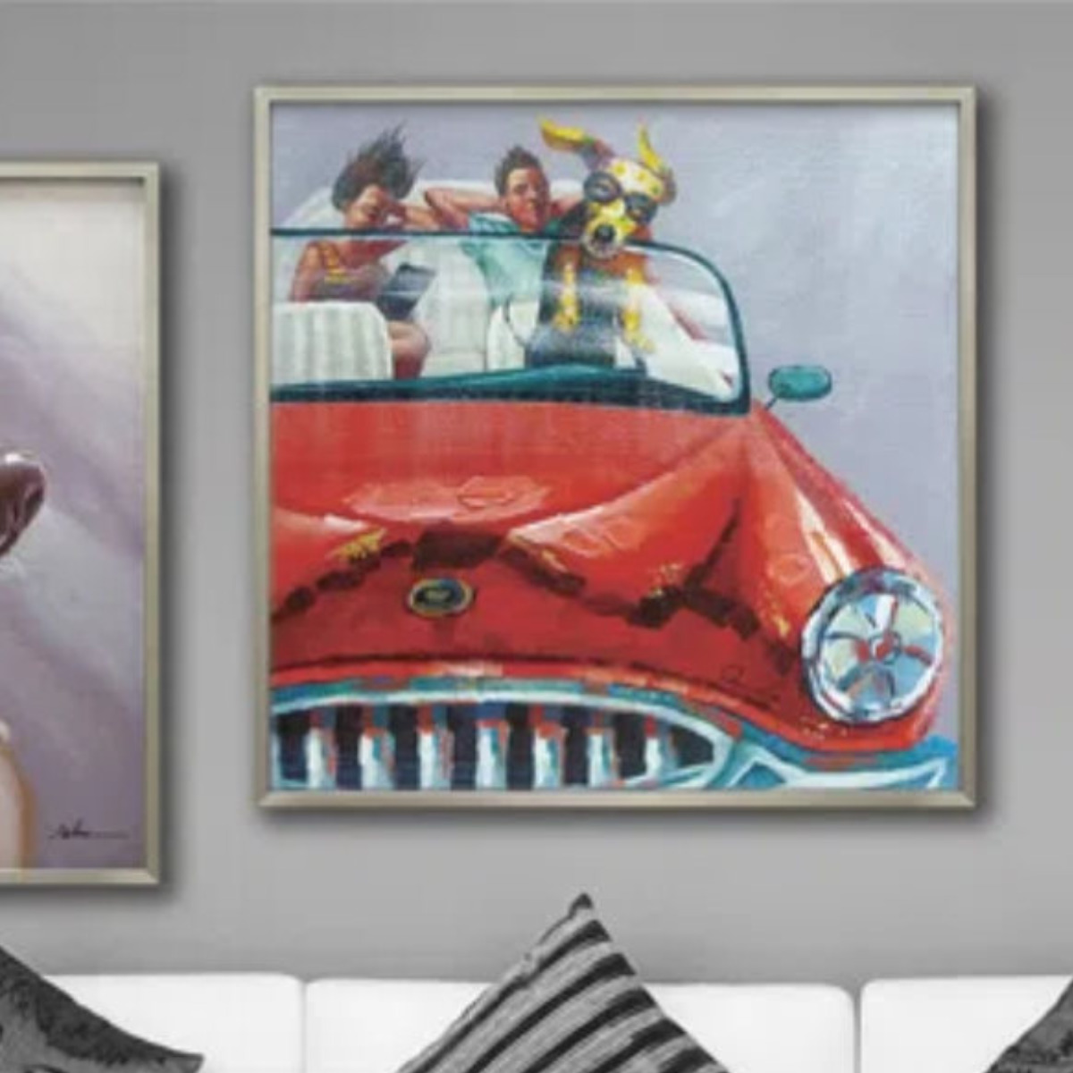 アメ車　アートパネル　油絵風　絵画　壁面装飾　3Dパネルアート　ペイント　壁掛け アートパネル オイルペイントアート 『ドッグ ドライブ』 83×83cm