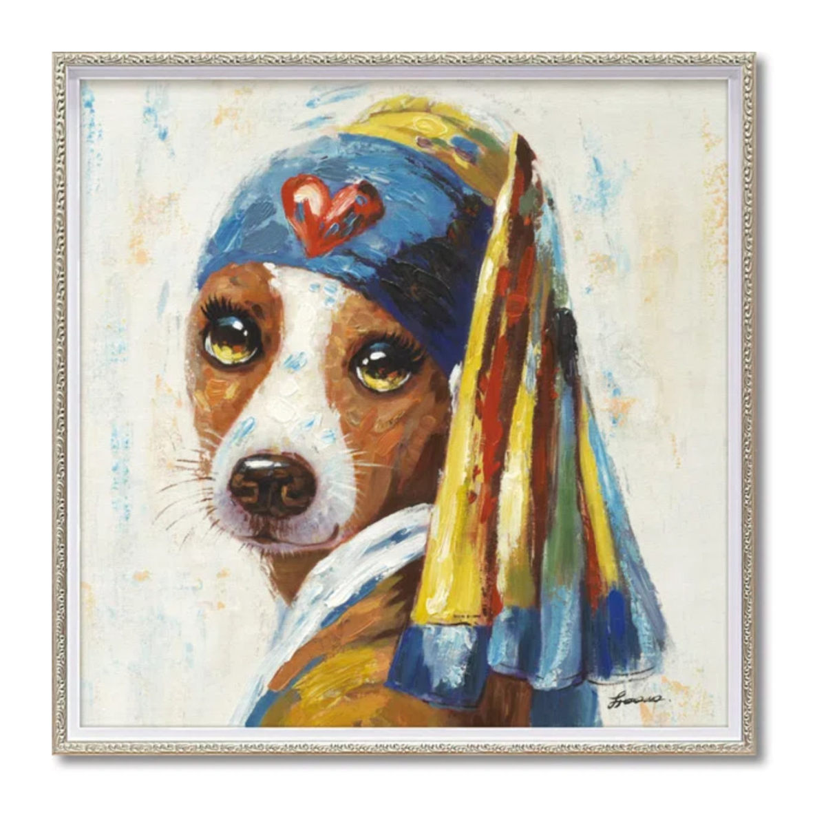 犬と猫 オイルペイント 絵画 アートパネル オイルペイントアート 『青いターバンの犬』 63×63cm