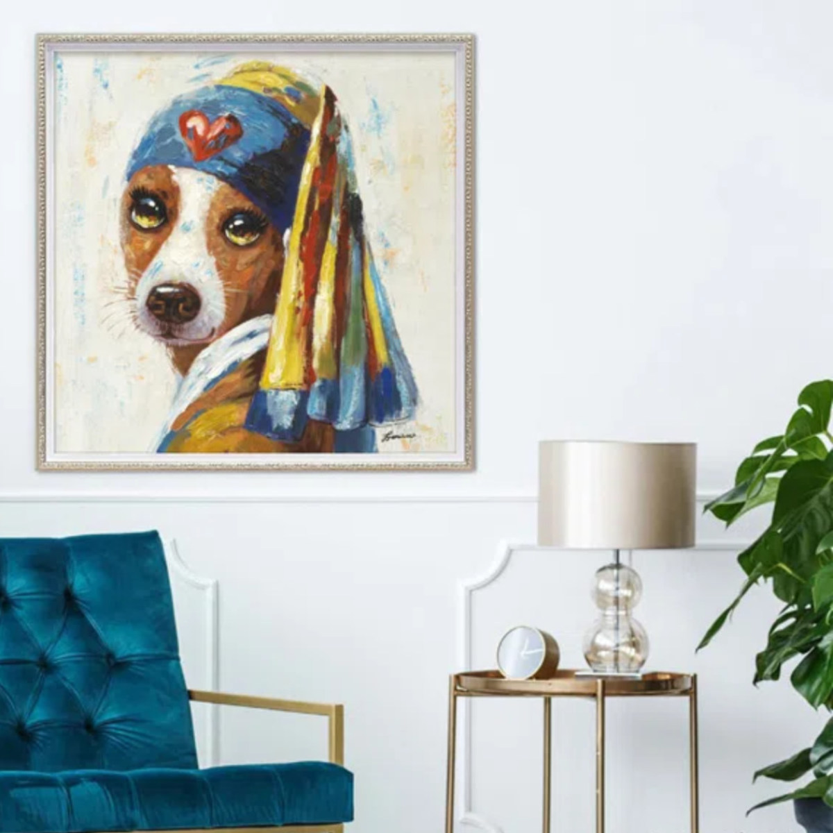 アートパネル オイルペイントアート 『青いターバンの犬』 63×63cm