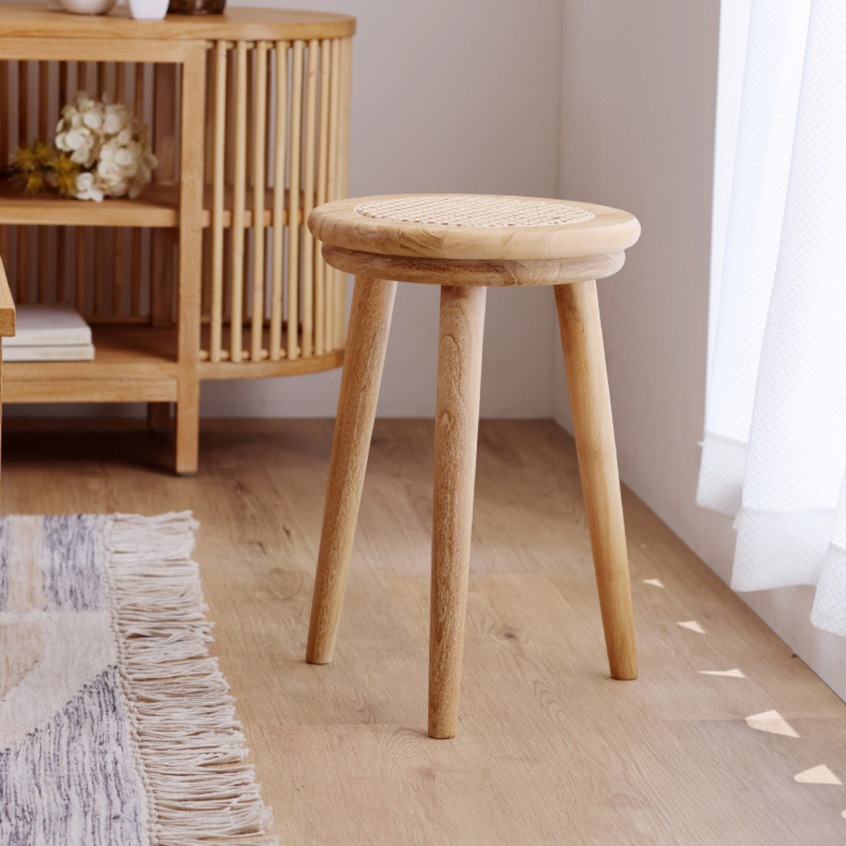 チーク無垢材×ラタン 丸スツール スツール ラタン 高さ44cm チーク 天然木 CALM （ ラタンスツール 椅子