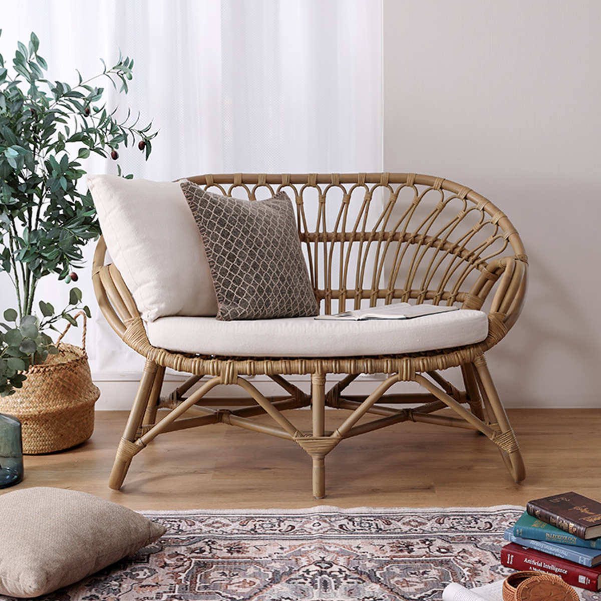 ラブチェア ラタン 2人掛け 座面高43cm クッション付 Breeze （ 開梱