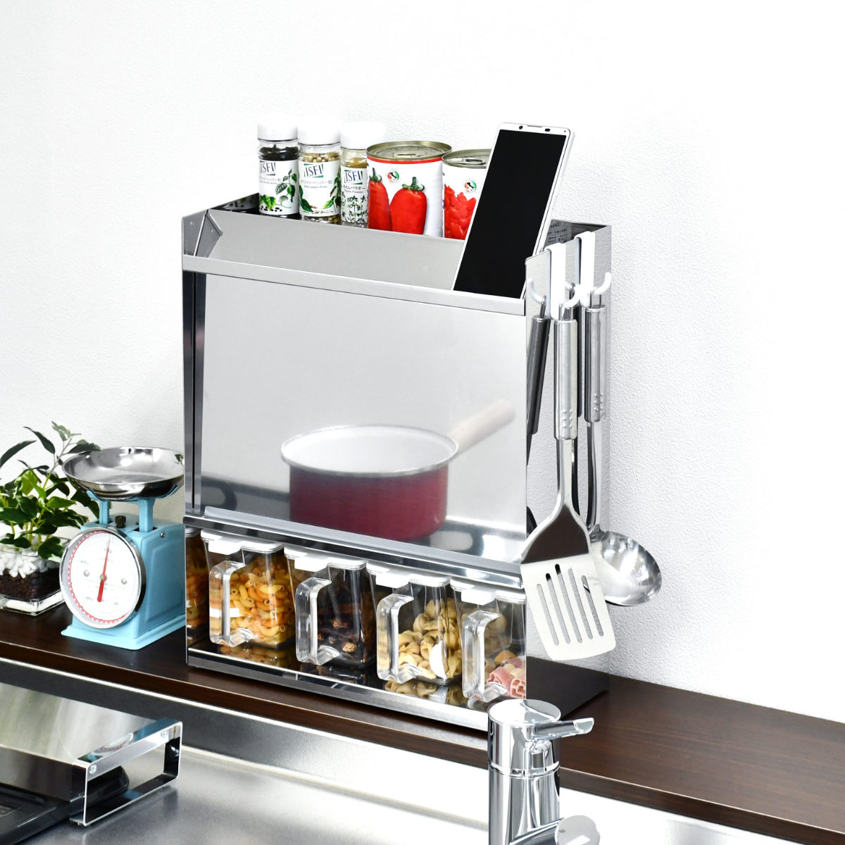 調味料ラック フラップ扉のステンレススパイスラック 調味料ポット 4個