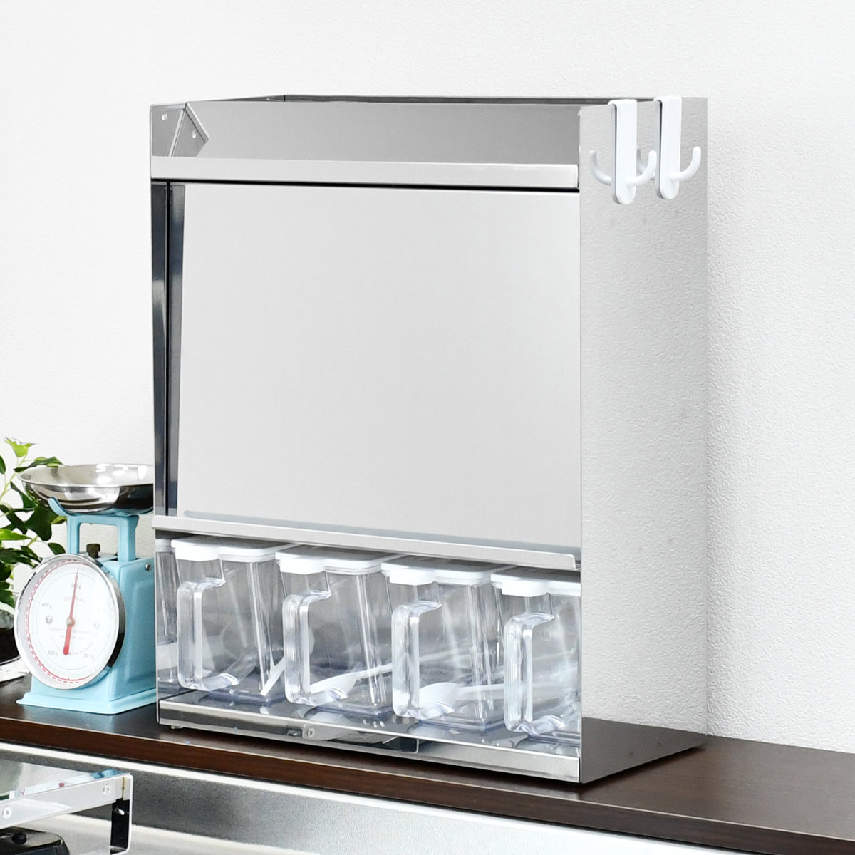 調味料ラック フラップ扉のステンレススパイスラック 調味料ポット 4個