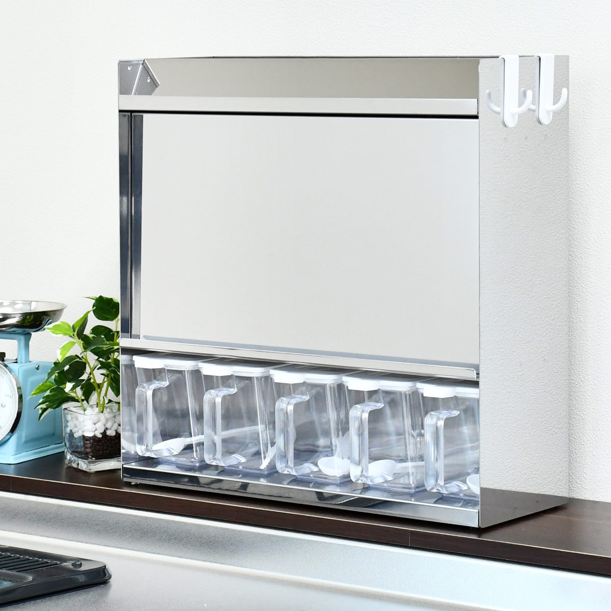 調味料ラック フラップ扉のステンレススパイスラック 調味料ポット 5個