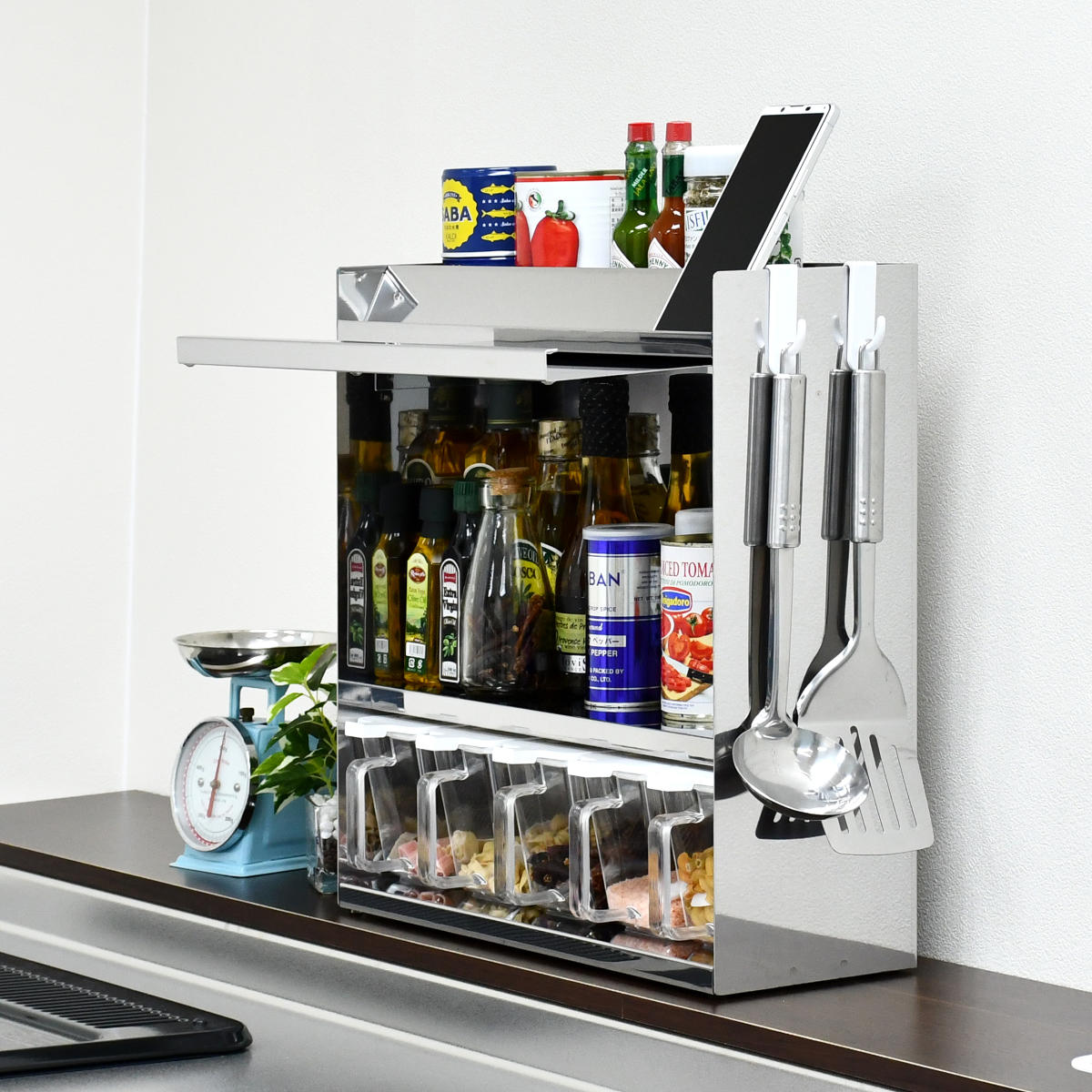 調味料ラック フラップ扉のステンレススパイスラック 調味料ポット 5個