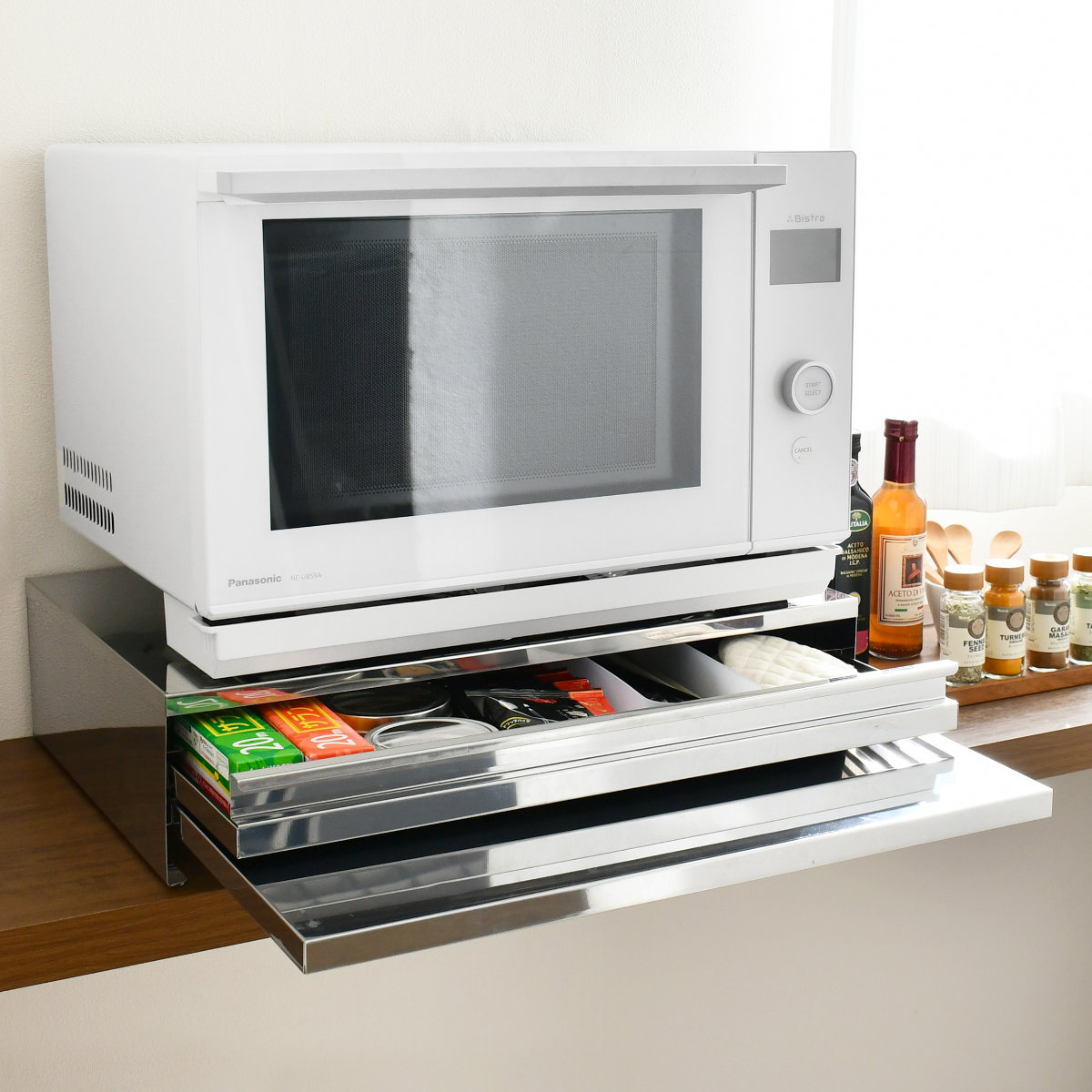 レンジラック 角皿が入るステンレス製レンジ下収納 幅55cm （ ラック