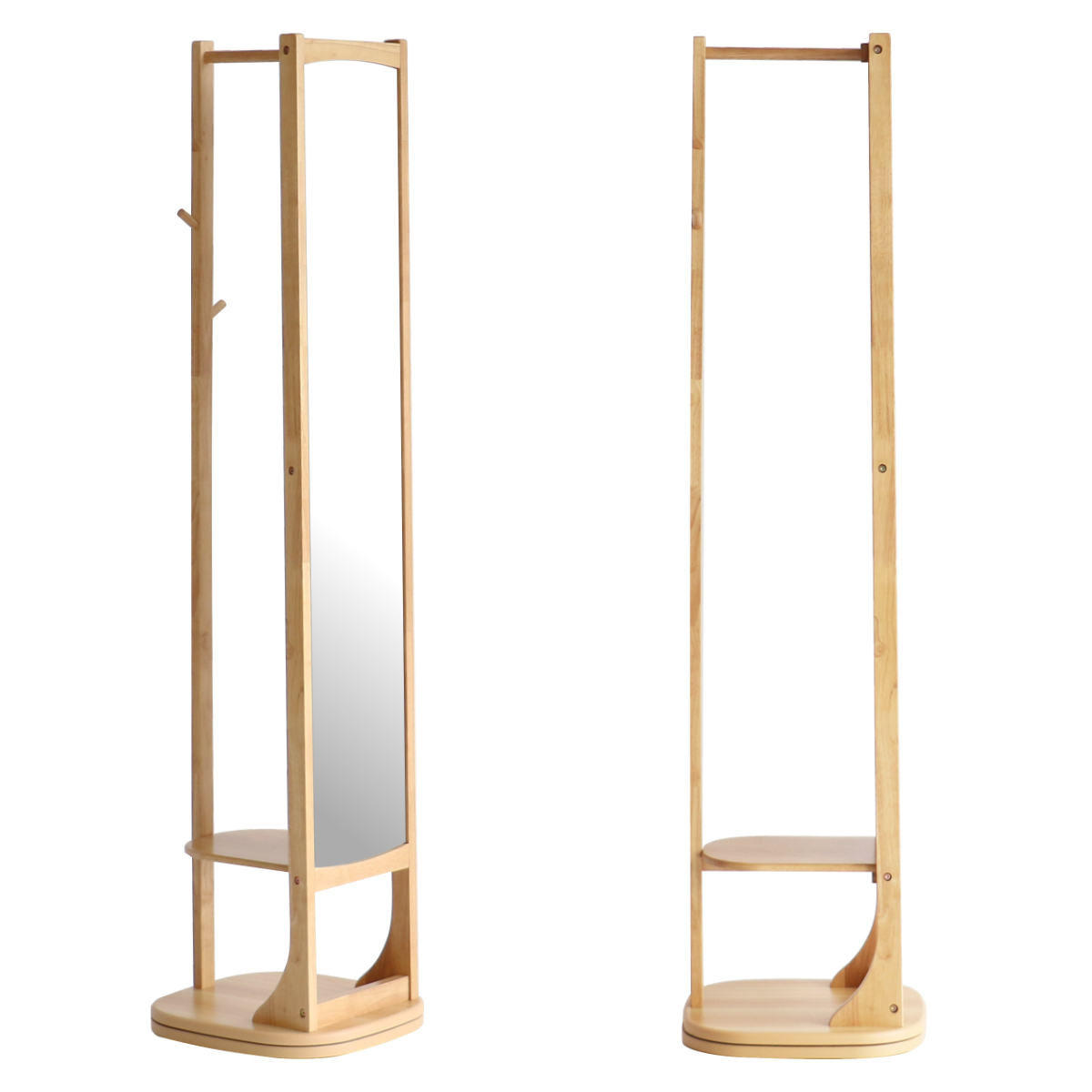 スタンドミラー 全身鏡 360度回転式 背面ハンガーラック 棚板付