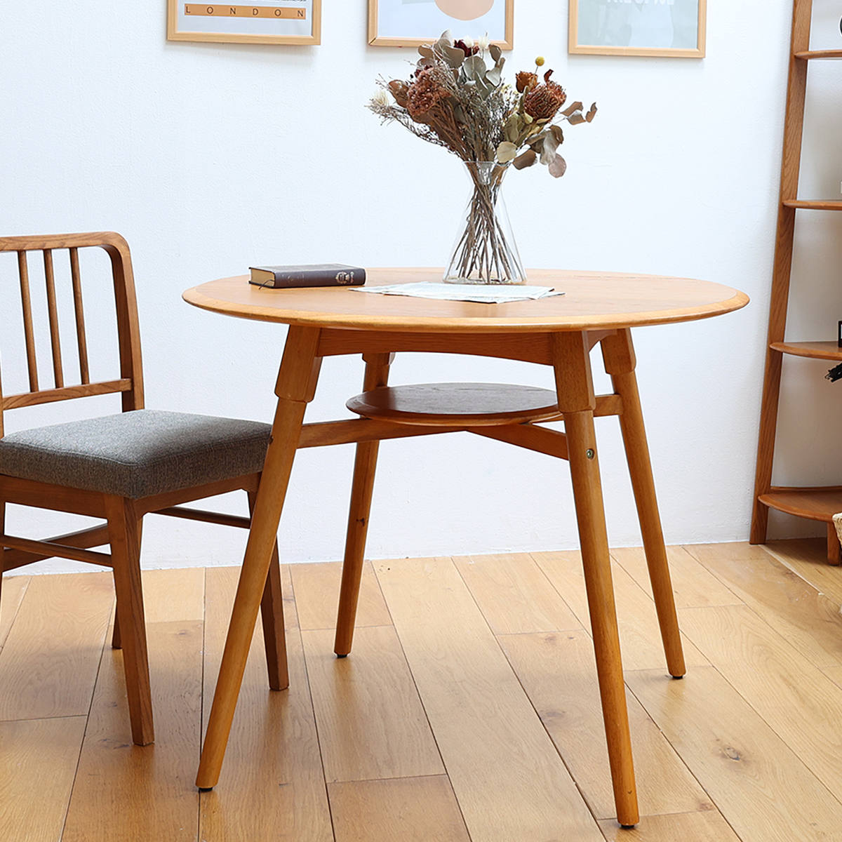 オーク ラウンドテーブル ダイニングテーブル 円型 直径90cm 棚付 OAKER （ 食卓 ダイニング 丸