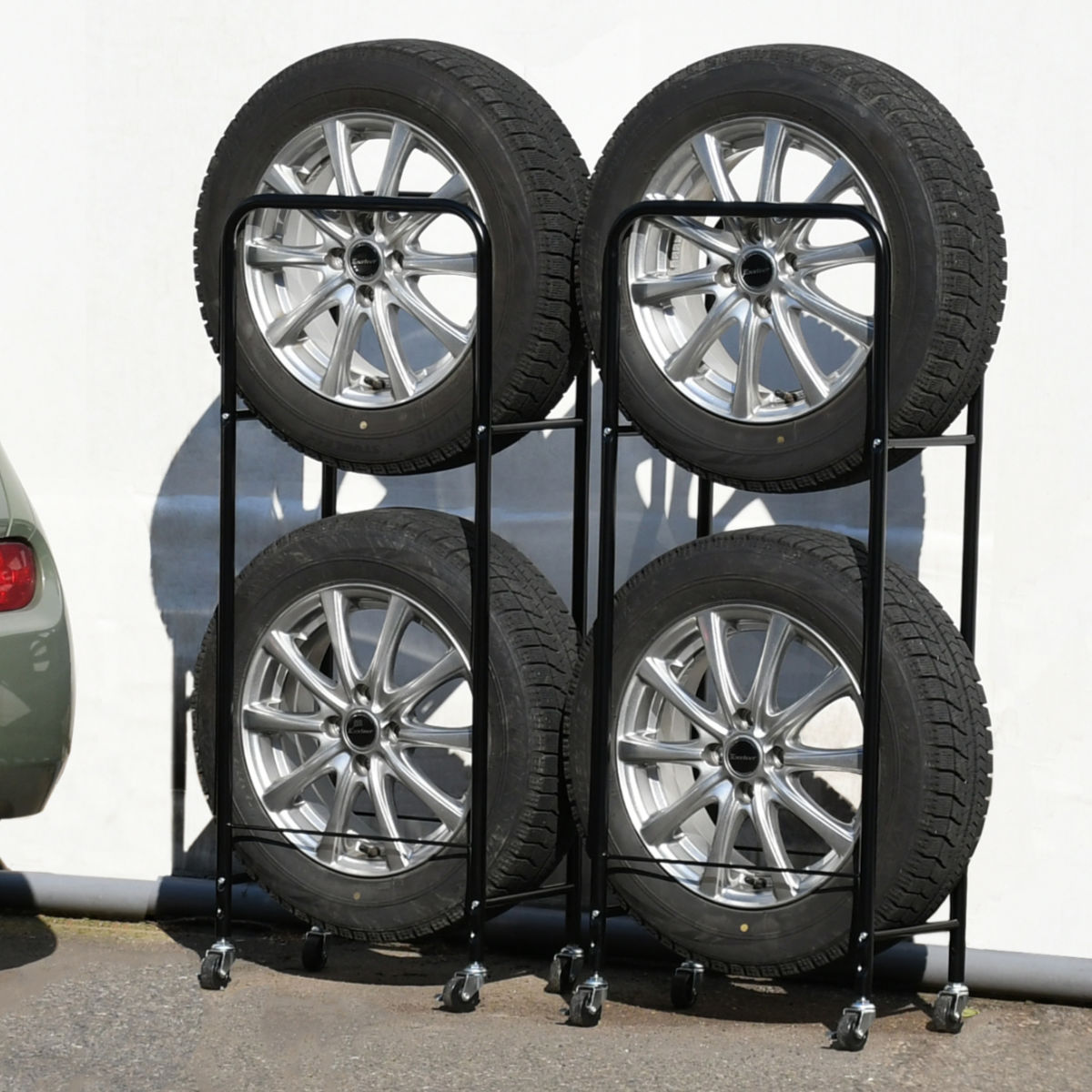 移動式スチールタイヤラック キャスター付き 中型２個セット タイヤラック 薄型 2個組み 幅23cm 4本 縦置き （ タイヤ 収納 保管