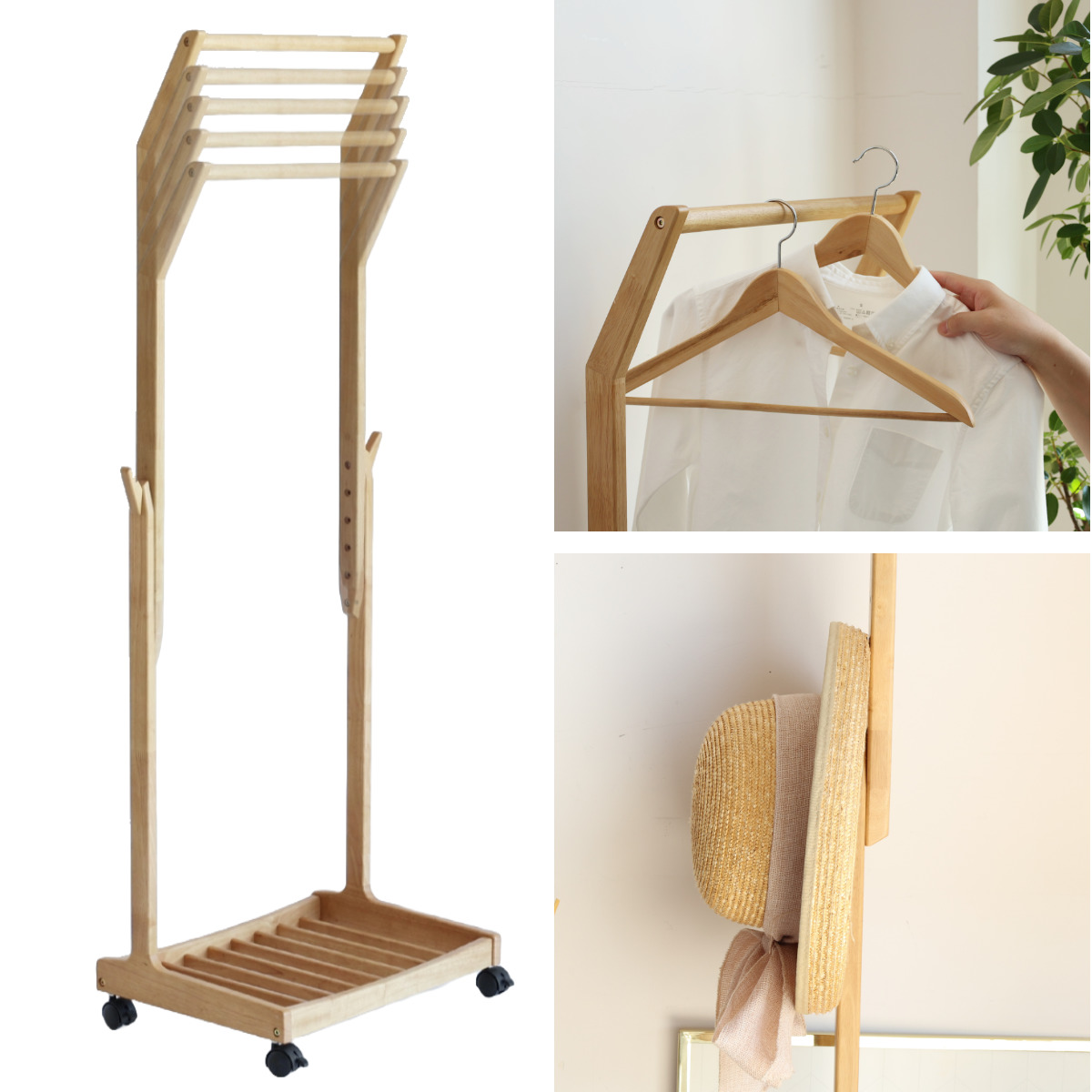 ハンガーラック 幅58.5cm 高さ調節可能 キャスター付 子ども 天然木